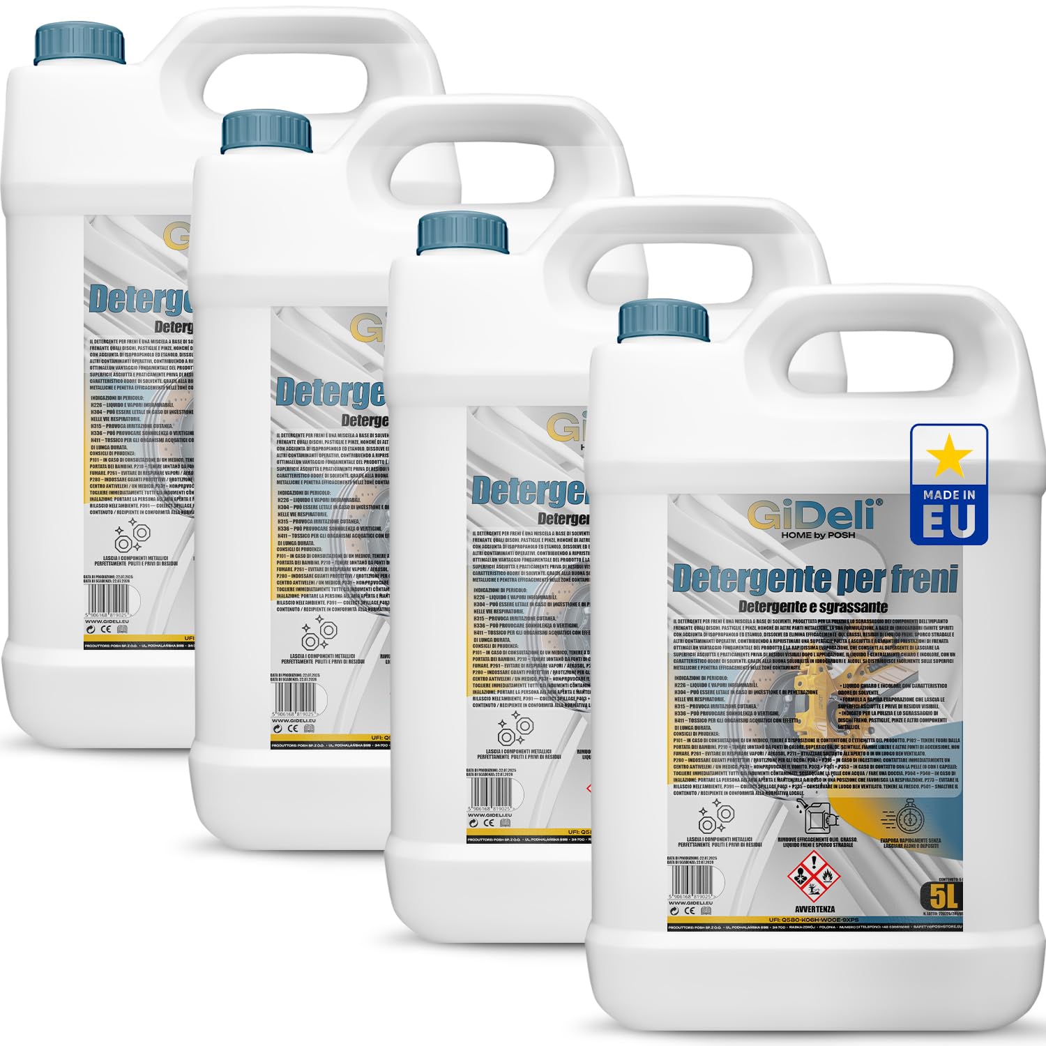 GiDeli Detergente per freni, 4 taniche da 5 l, per auto, moto e bicicletta, rimuove olio, grasso, polvere dei freni, residui di colla, sgrassante da officina, asciugatura rapida, senza lasciare
