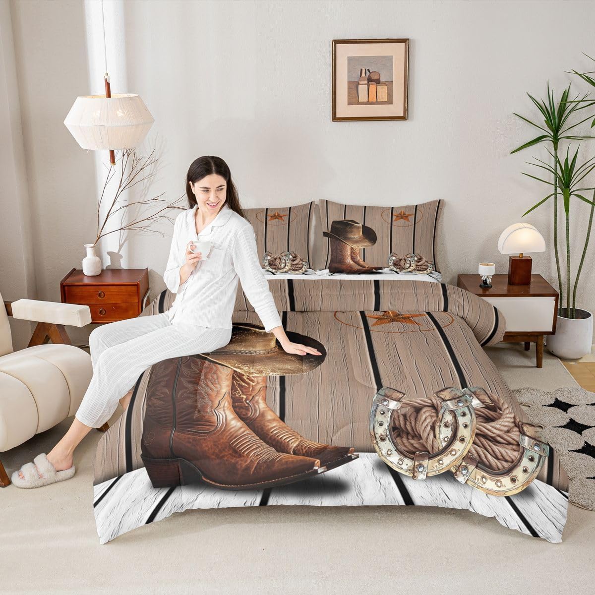Cowboy Comforter Set Queen Western Texas Star Horseshoe Bedding Set For Adults Men Boys Rustic Farmhouse Bedding Comforter Sets Cowboy Boots Hat Quilt Duvet Brown Wild West Style Room Decor 3 Pcs