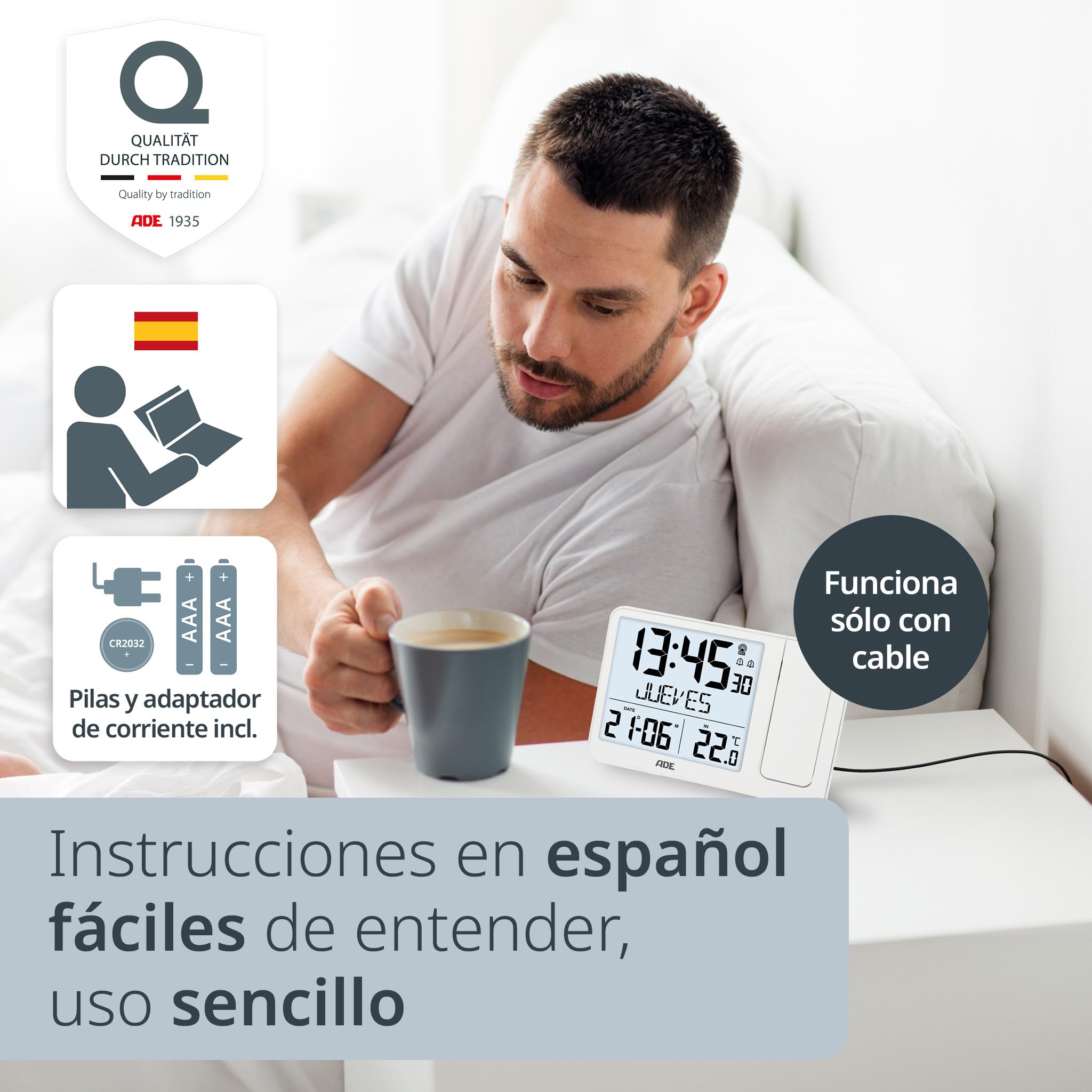 ADE Despertador Digital radiocontrolado con proyección y Sensor Exterior | 2 Horas de Despertador | Reloj con indicación de Temperatura, Fecha y día de la Semana | Incl. Cable de Red | Blanco