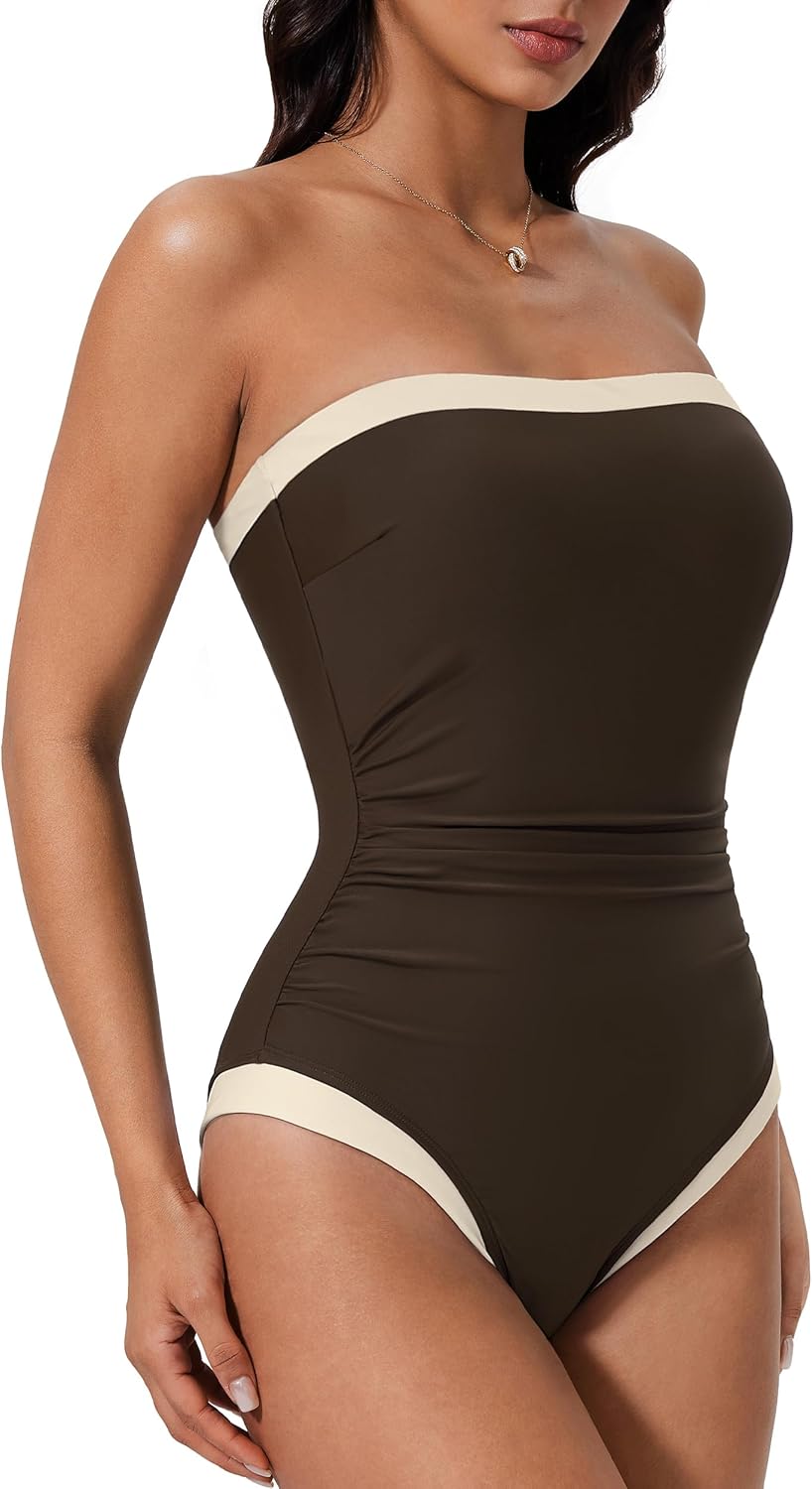 SUUKSESS Women One Piece Tummy Control Swimsuit Strapless Bandeau Bathing Suit