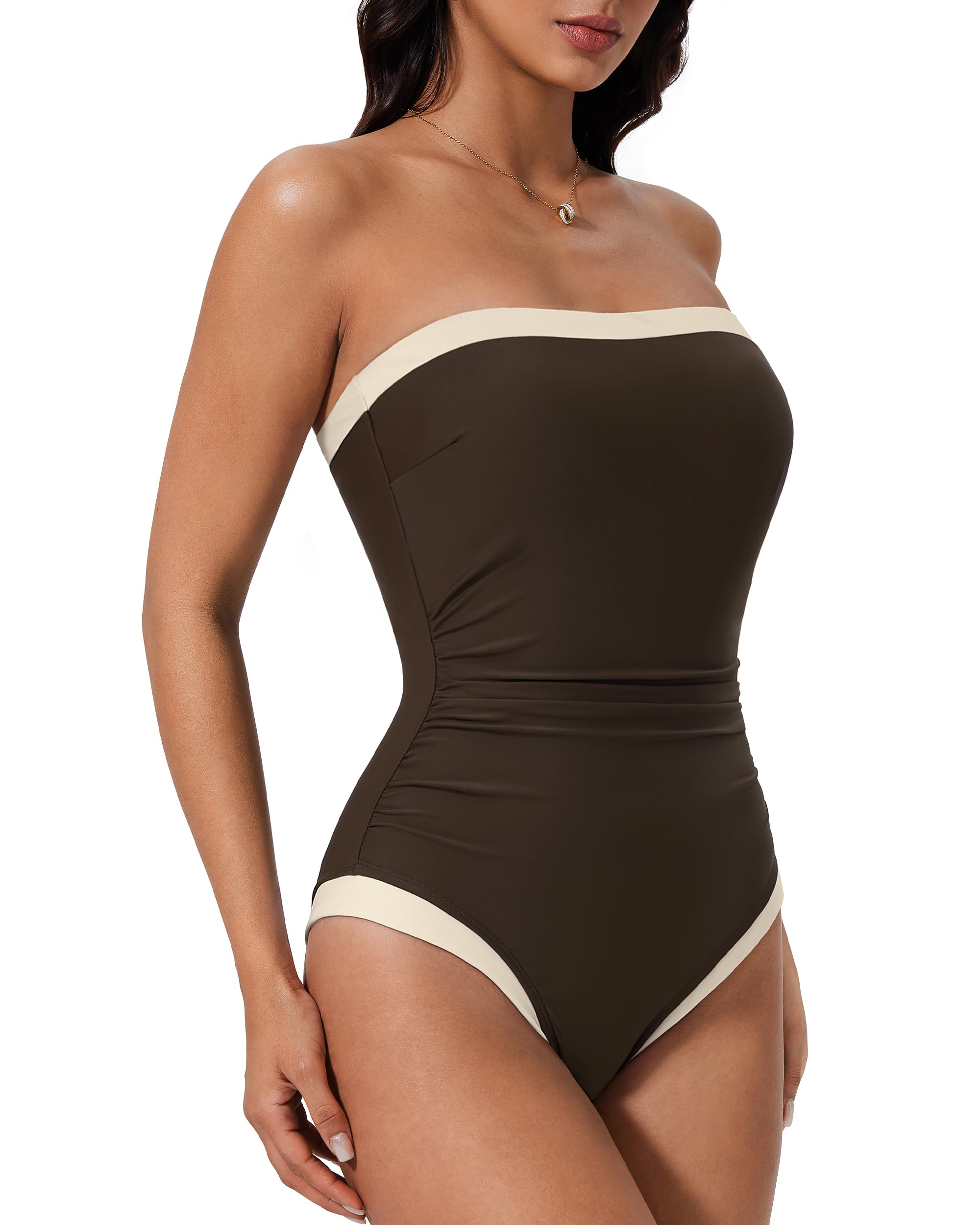 SUUKSESS Women One Piece Tummy Control Swimsuit Strapless Bandeau Bathing Suit