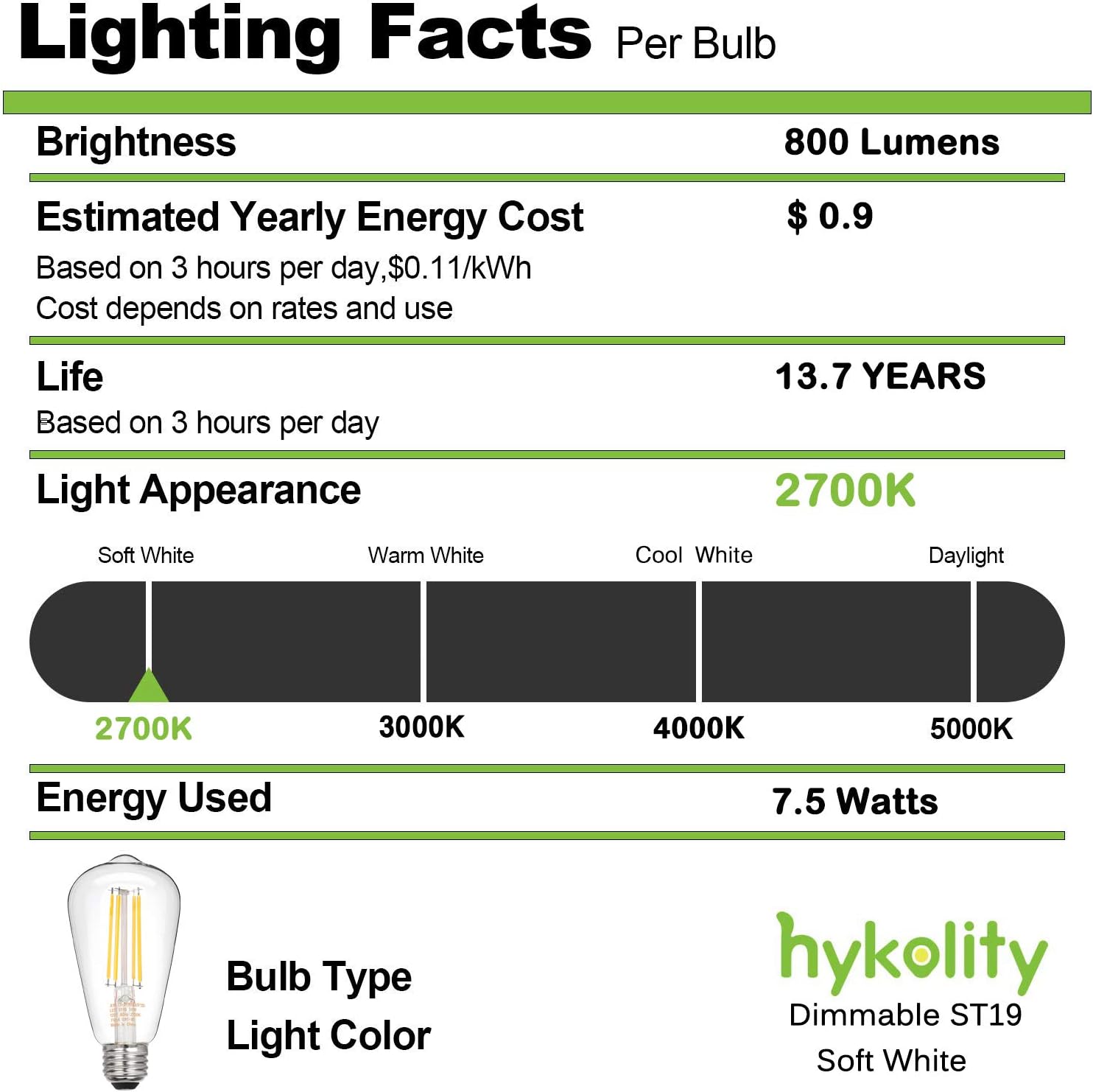 hykolity Dimmable Vintage LED Edison Bulbs, 7.5W, Equivalent 60W, 800lm, Warm White 2700K, ST58 Antique LED Filament Bulbs, E26 Medium Base, Clear Glass, Pack of 6