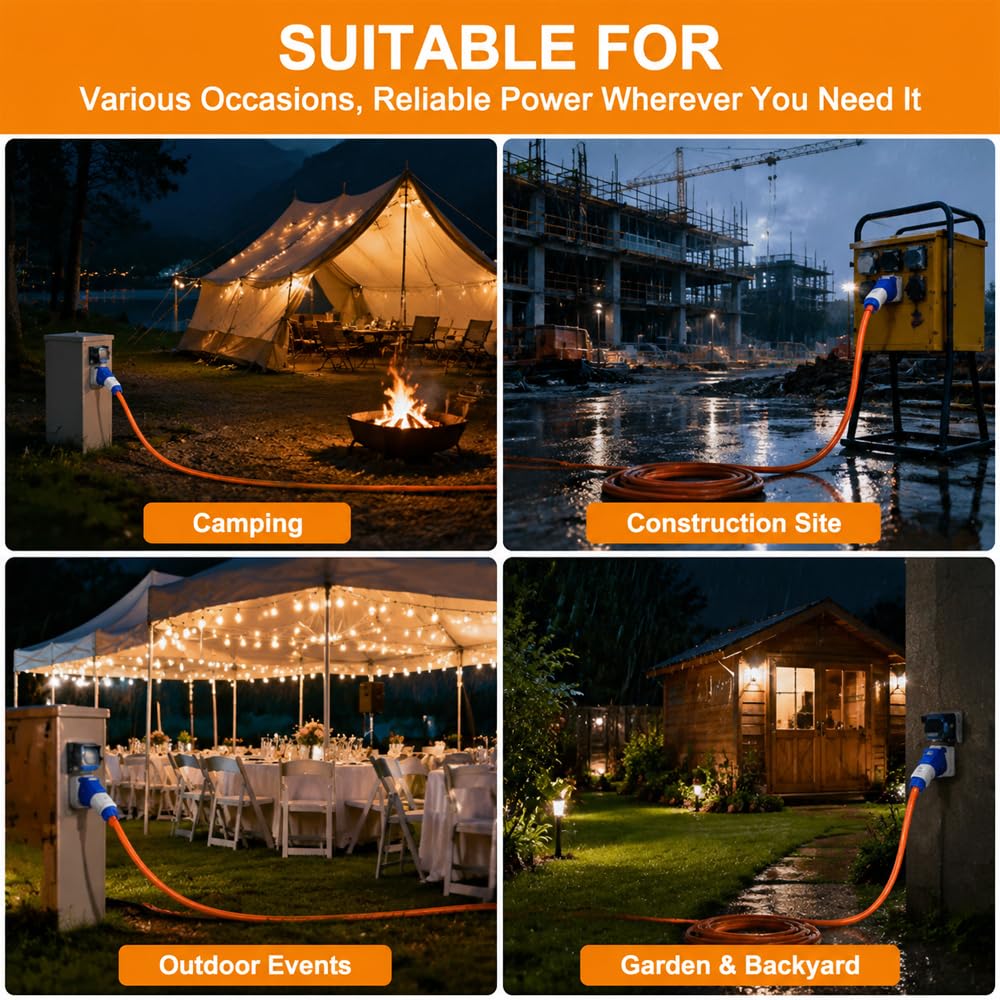 Cable de conexión de caravana de 10 m, cable de conexión eléctrico de camping de 240 V 16 A con convertidor de cable de 3 pines y bolsa de transporte, cable de extensión impermeable IP44 para