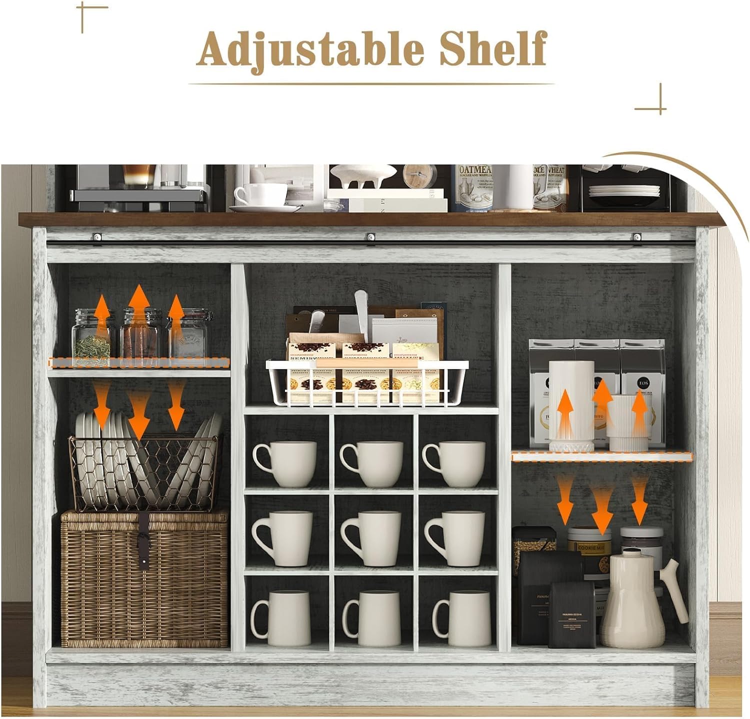 Close-up of an adjustable shelf within the coffee bar cabinet