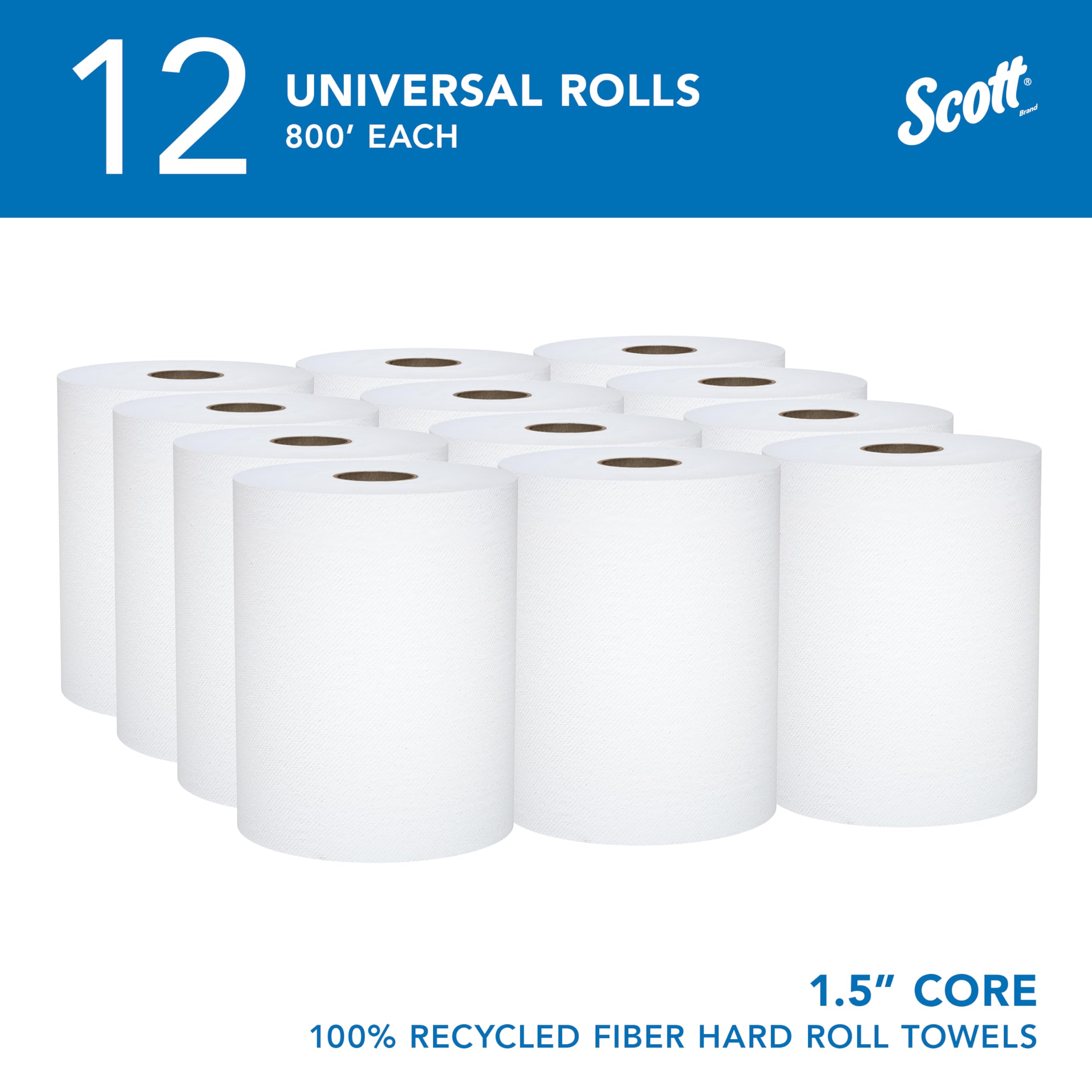 Scott 01052 hard roll Towels, 100% riciclato, 3,8 cm Core, bianco, 20,3 cm di larghezza x 800 metri di lunghezza (cassa da 12 rotoli)