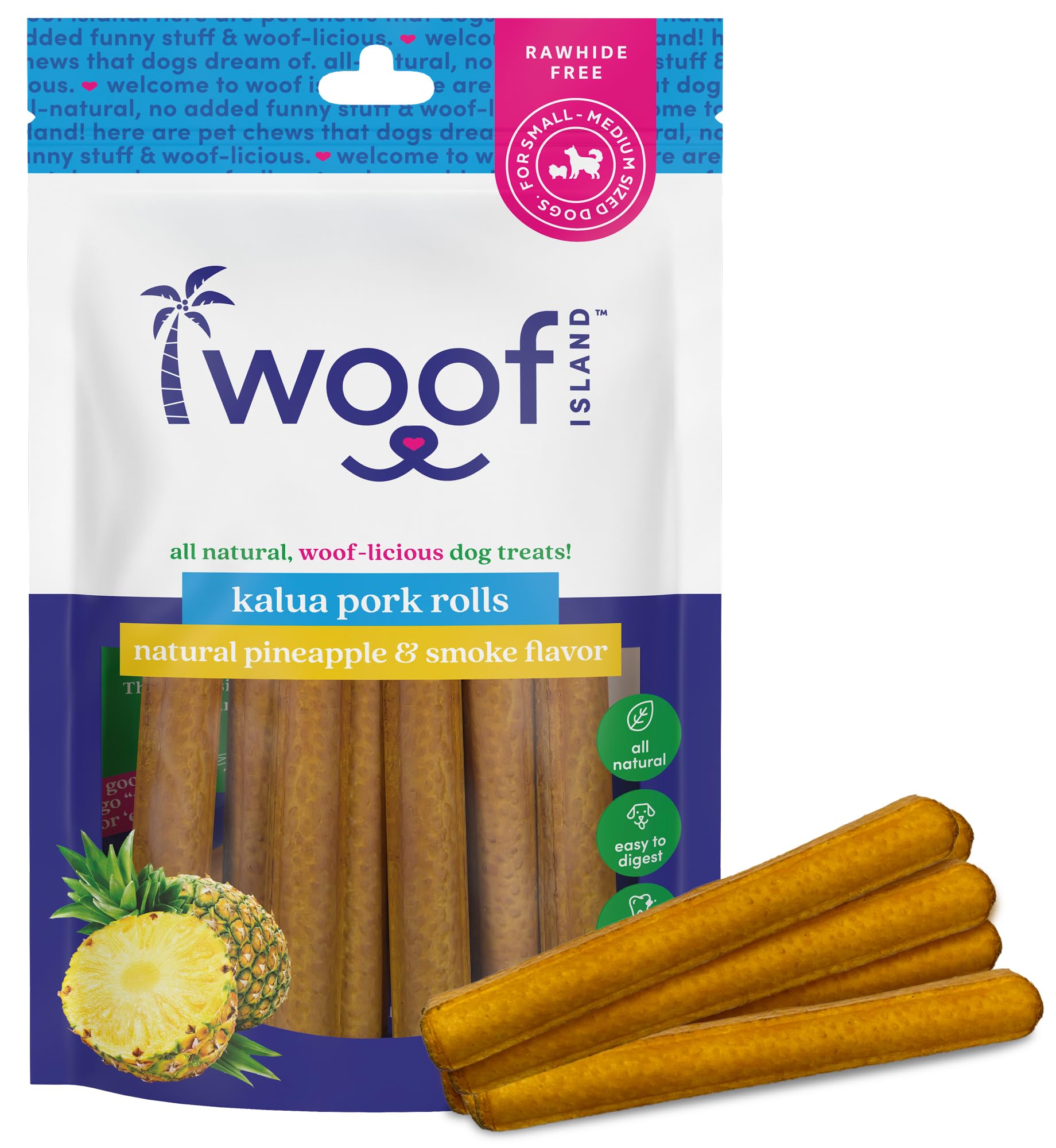 Woof Island Kalua Pork Rolls - Hawaiian Island Inspired Pork Pets Treats - Rawhide Free Pet Chews Long Lasting No Hide Puppy Chews for Small, Medium &