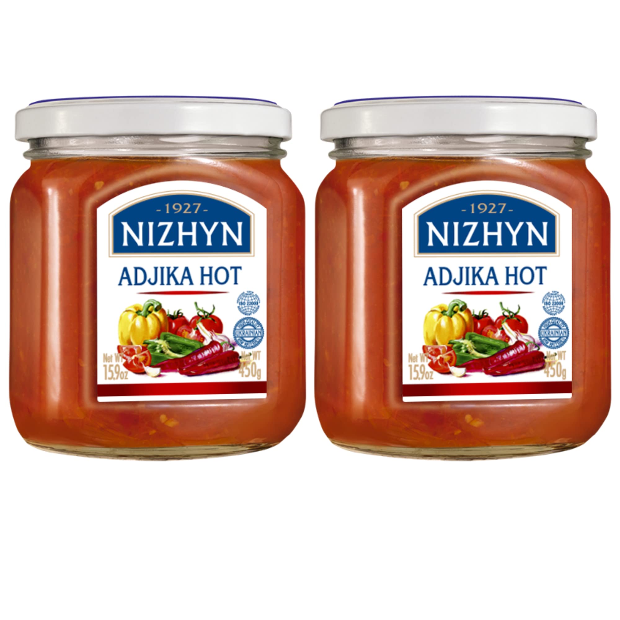 Nezhin Delicious Adjika Hot, Flavored Spicy Sauce, No Added Preservatives, 450 Grams/15.9oz Pack of 2