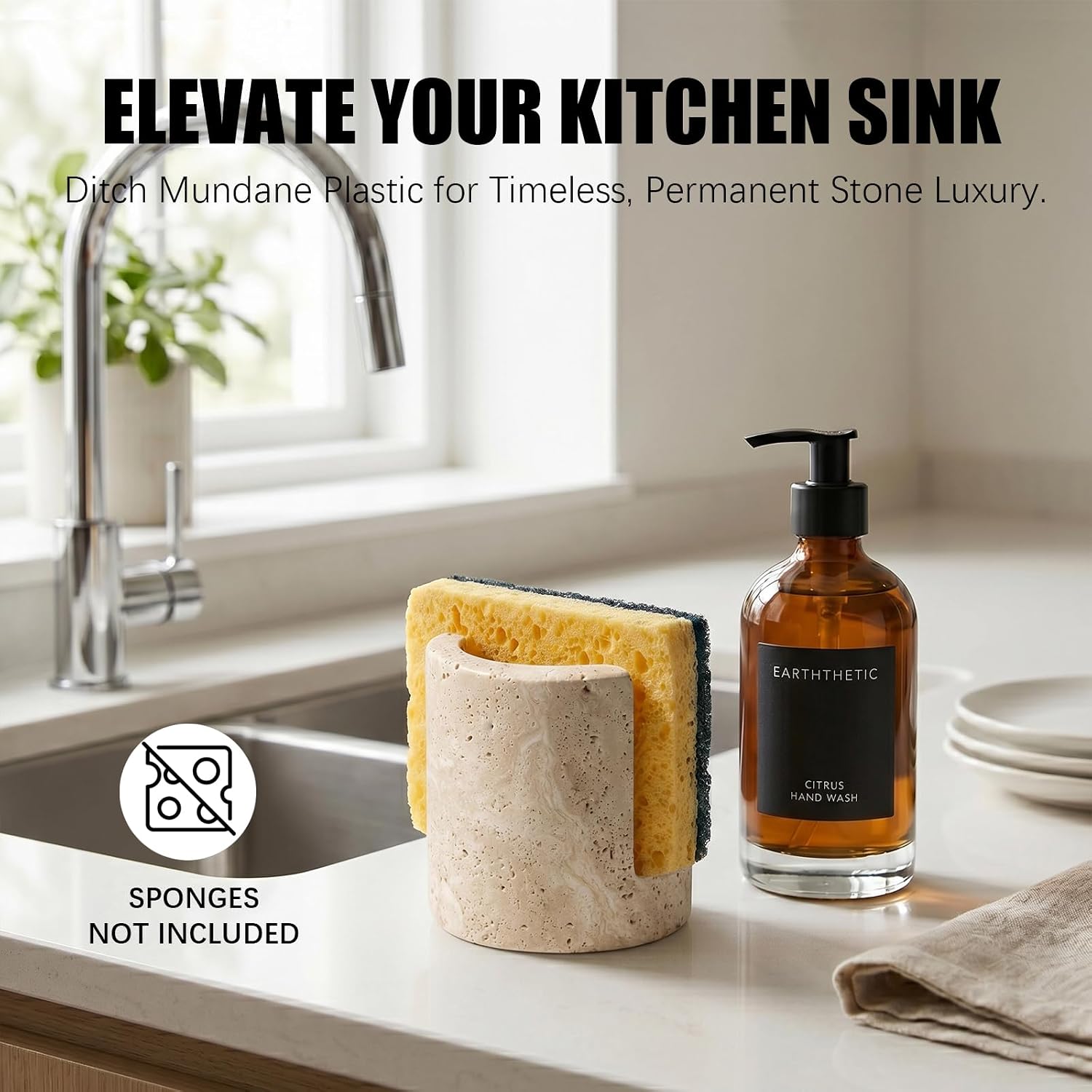 Natural Travertine Sponge Holder - Wabi-Sabi Stone Drying Rack for Kitchen Sink & Bathroom, Decorative Candle Tray, Flowers Organizer & Toothbrush Holder - Housewarming Gift, Home Decor