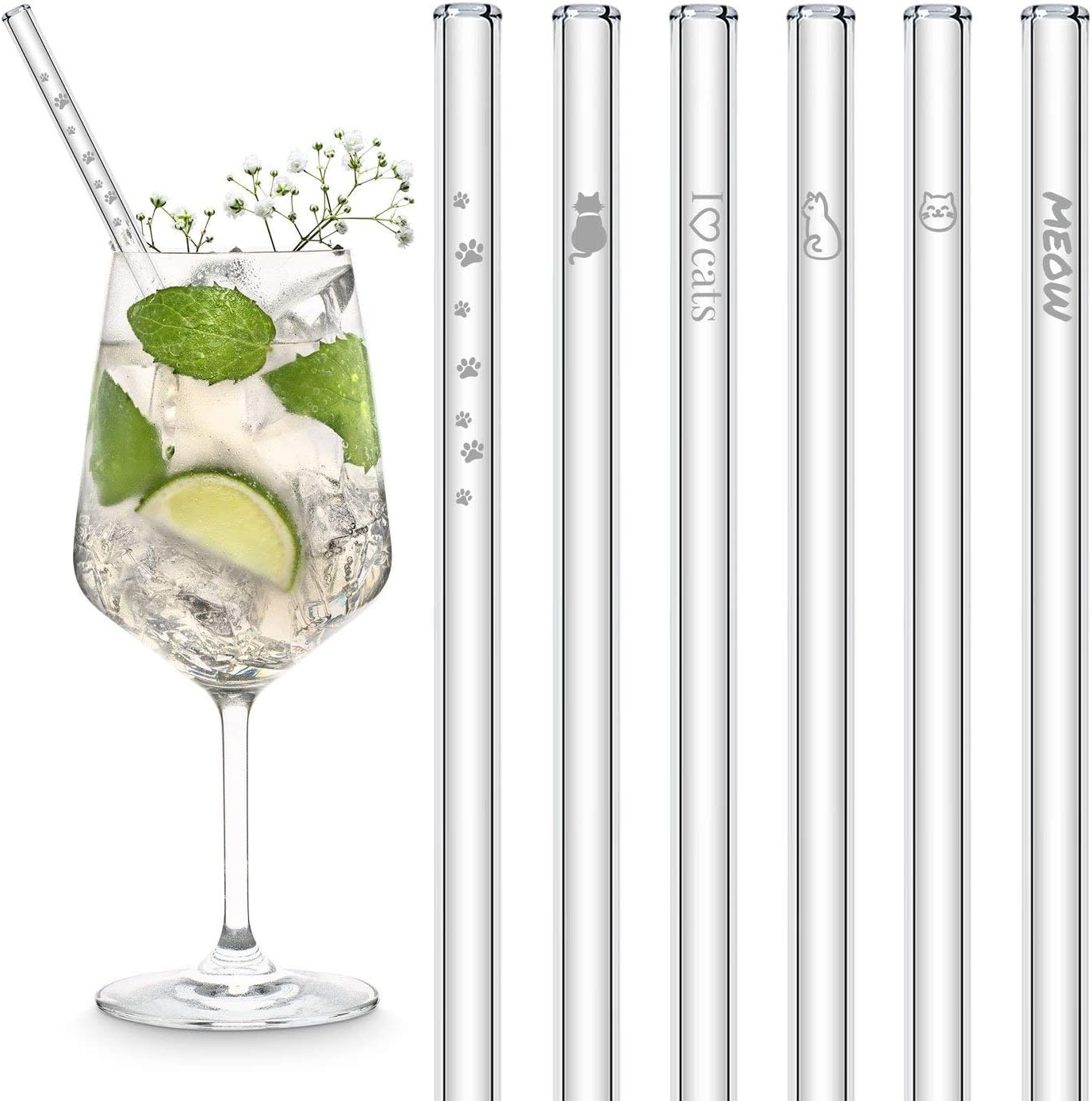 HLM Glass Straws - Cute Cat Edition - 6 Reusable Drinking Straws With Engraved Cat Motives - 20cm (8 in) - Made in Germany - Dishwasher Safe