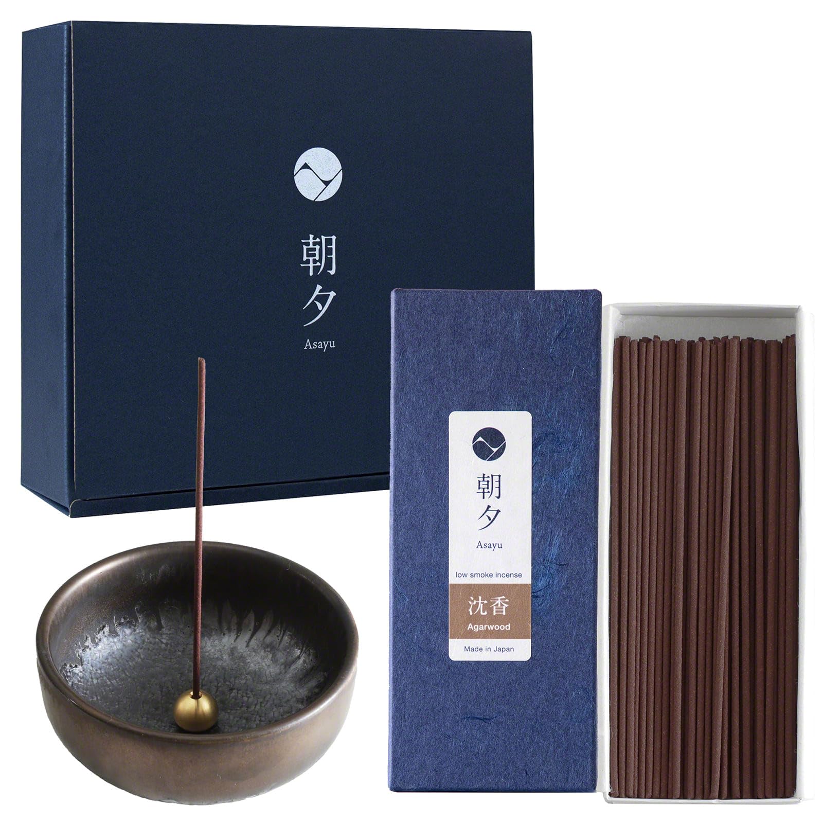 Asayu Japan Agarwood + Zen Ceramic Holder Incense Gift Set With Low Smoke Incense And Incense Holder With Brass Stand, 100% Made In Japan - Agarwood Sticks + Traditional Holder