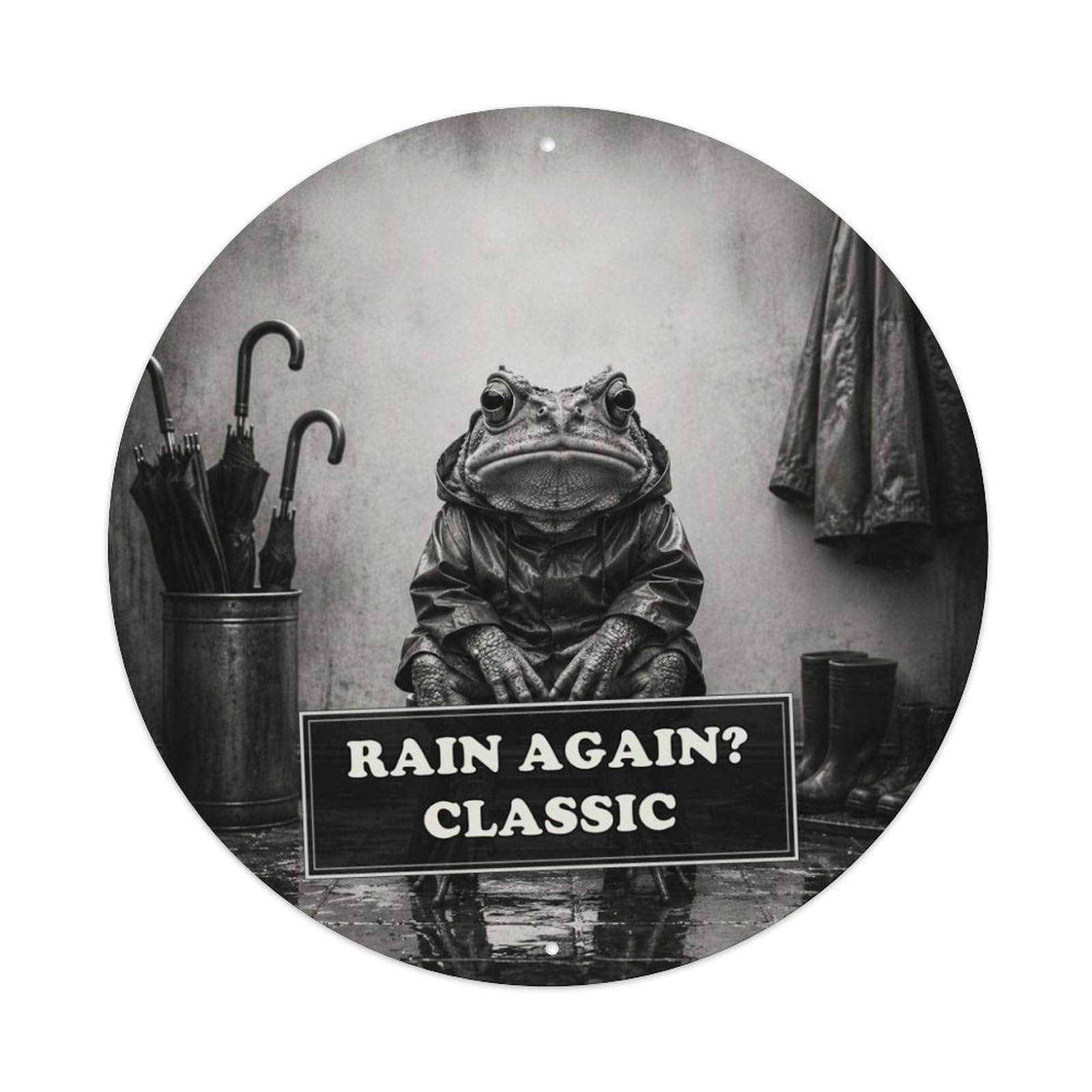 Anthropomorphic Animal Frog Umbrella Social Satire Humor Fable Metal Tin Sign Plaque Wall Decor for Cafe, Man Cave, Club Bar, Office, Home Garden Round Metal Poster 8x8Inch