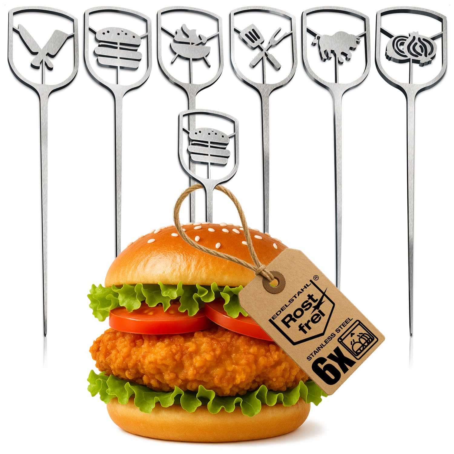 com-four® 6 spiedini burger acciaio inox 16 cm, punte metalliche con impugnatura ampia aperta, accessorio cucina, barbecue per servizio elegante (6x - aperto - 16 cm)