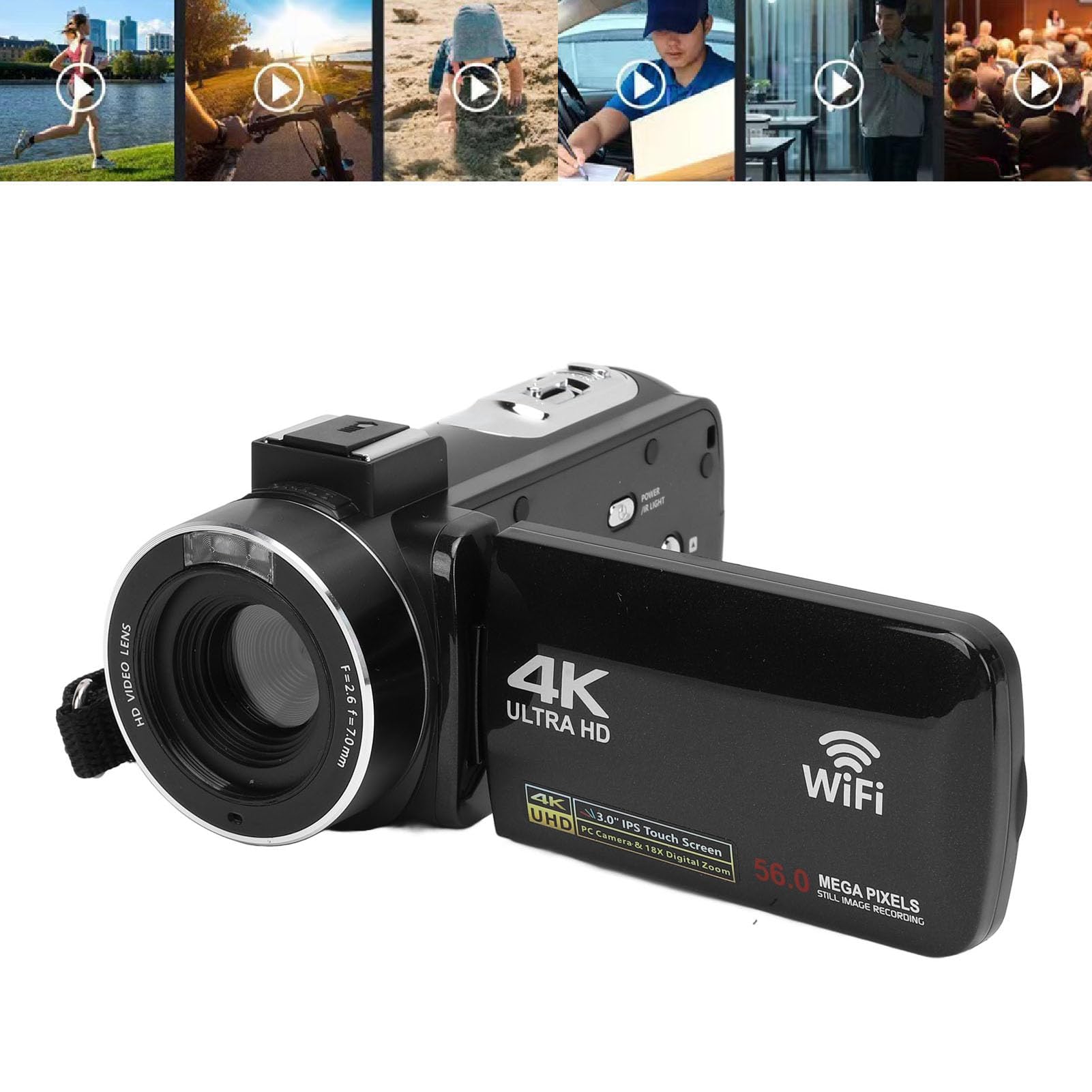 Pilipane Videocamera, videocamera 4 K, 56 MP, HD, 18 x zoom digitale 3 pollici, touch screen, registratore video digitale senza fili, con telecomando per viaggi