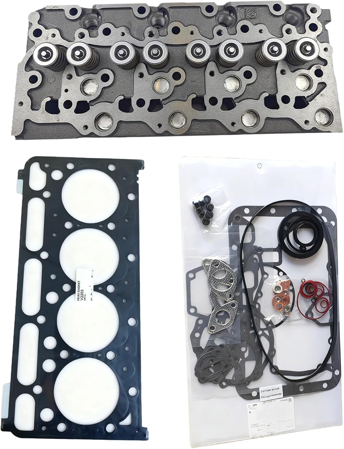 V2203 Complete Cylinder Head With Valve Full Gasket kit Compatible for Kubota V2203 Engine for Bobcat 763 773 753 7753 S175 337 331 334 B300 S150 S160 S185 16429-0304 164290304