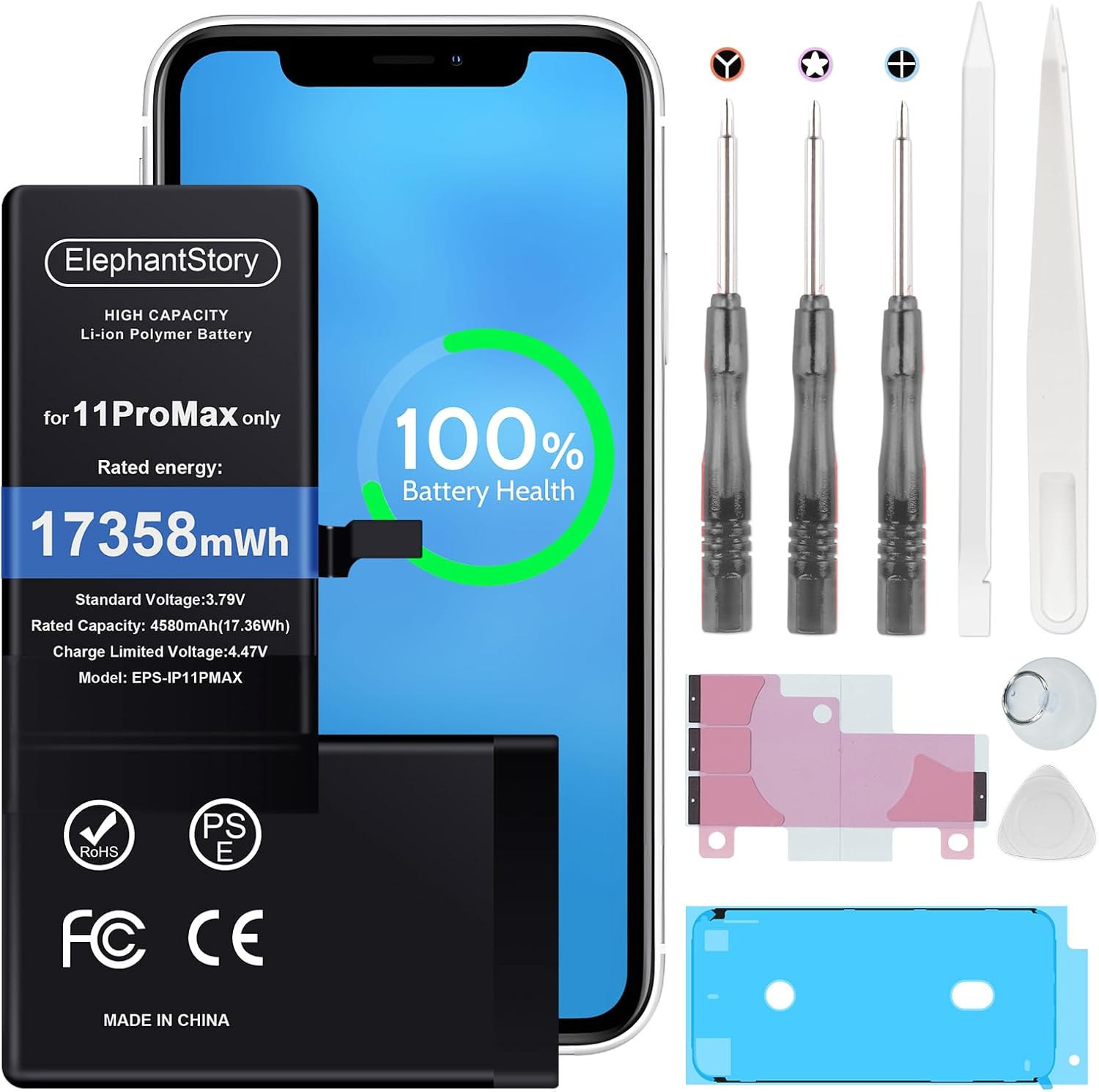 ElephantStory Replacement Battery for iPhone 11 Pro Max: High Capacity 0 Cycle Li-ion Polymer Battery for iPhone 11 Pro Max with Repair Tool Kit - Compatible with Model A2218 A2161 A2220