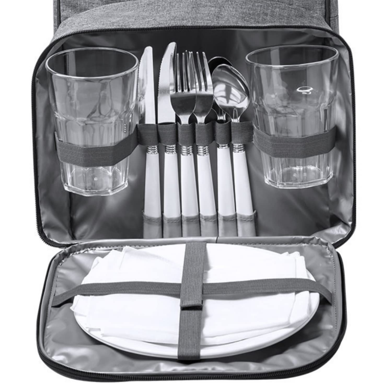 Isolierter Picknick-Rucksack aus Recycling PET für 2 Personen Tasche mit Kühlfach, Edelstahl-Besteck-Set, Servietten, Teller und Gläsern für Paare, Verliebte und Freunde (Grau)
