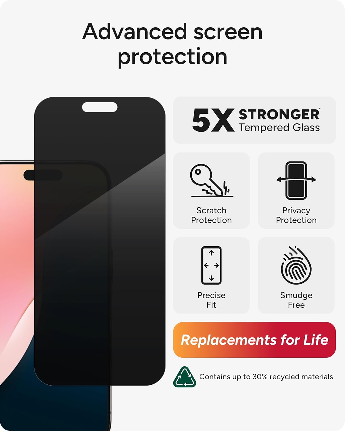 ZAGG Glass Elite Privacy Screen Protector for iPhone 16 Pro - 2-Way Privacy Filter, Ultra-Strong Tempered Glass, 5X Stronger, Smudge-Free, Easy Install, InvisibleShield, Recycled Content - Image 3