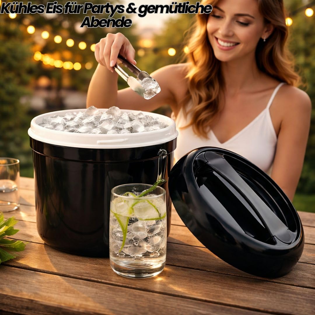 Eiswürfelbehälter 4 Liter mit Deckel – Doppelwandiger Eiskübel Schwarz inkl. gelochtem Einsatz – Isolierte 4 Liter Eisbox für Bar & Party – Robuster Ice Bucket & Eiskühler
