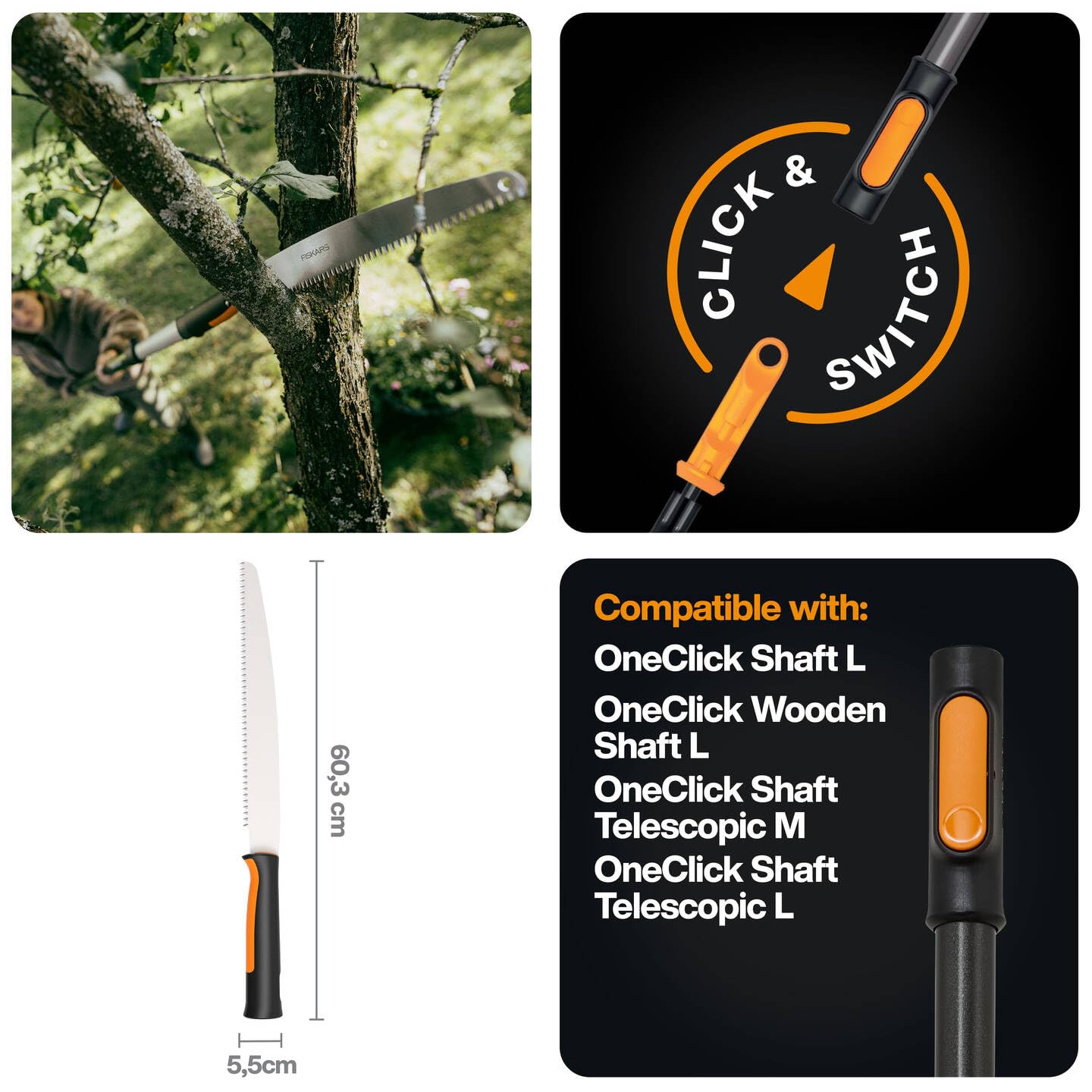 Fiskars OneClick Sierra de Jardín | Fácil cambio con un solo clic, también se puede utilizar como sierra de mano, negro/naranja, 1080691
