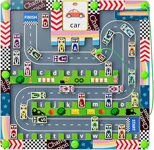 Tmgooyier Laberinto magnético del alfabeto, juguetes de aprendizaje del alfabeto del automóvil, rompecabezas de laberinto de letras magnéticas,