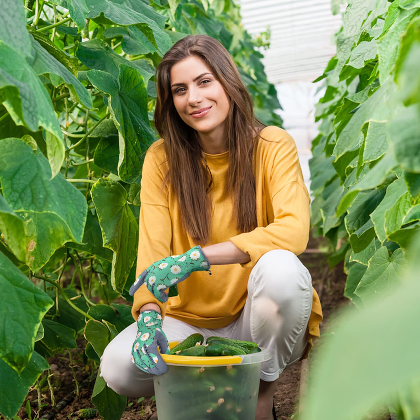 Guantes de jardinería para mujer, guantes de jardín de cuero para mujer, a prueba de espinas, sin puñaladas para excavar, plantar, podar (M, verde)