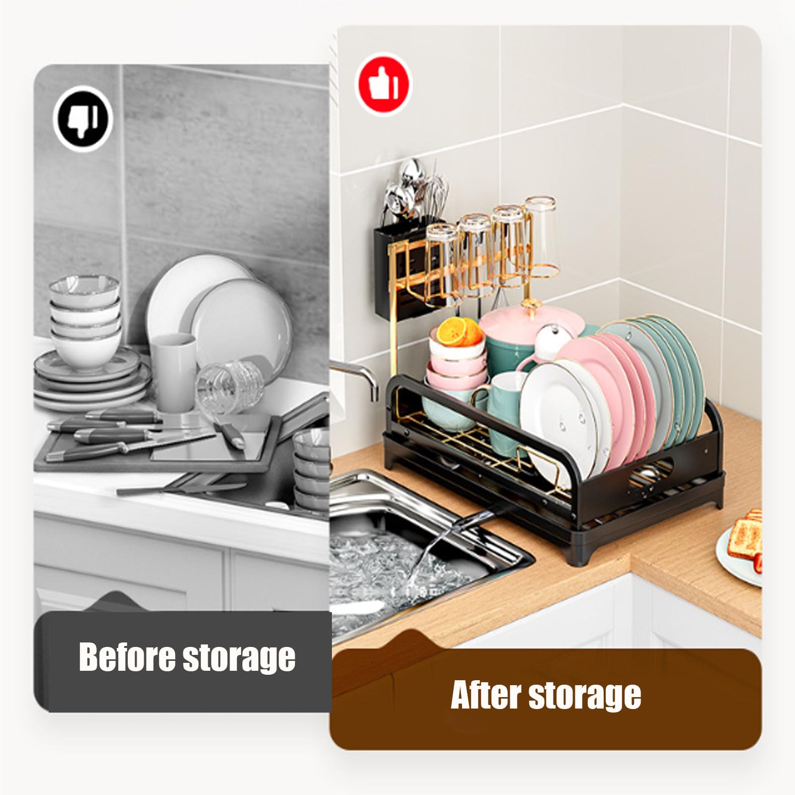 Escurridor de platos negro con tabla de drenaje, organizador de cocina que ahorra espacio, soporte para tazas y cubiertos, bandeja escurreplatos eficiente para soluciones de secado de encimera