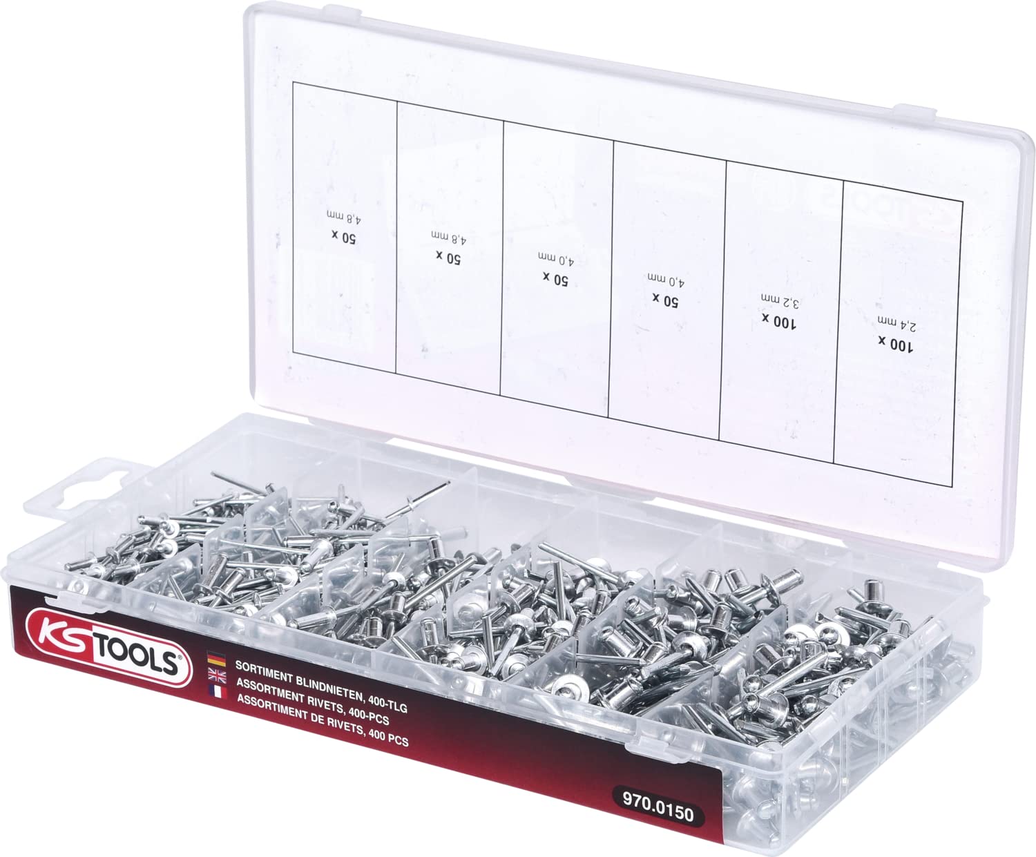 KS TOOLS 970.0150 nitów zrywalnych, każda skrzynka asortymentowa 100 x 2,4/3,2/4,0/4,8 mm