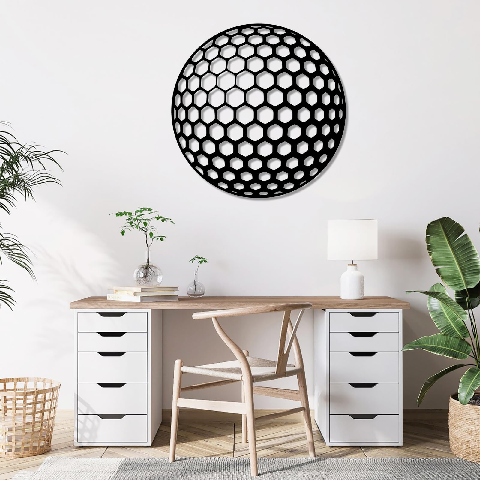 Decoración de pared abstracta contemporánea de metal con diseño de pelota de golf en 3D, decoración artística, regalo deportivo para papá, para él, para el hogar o el exterior (47x47 cm, plateado