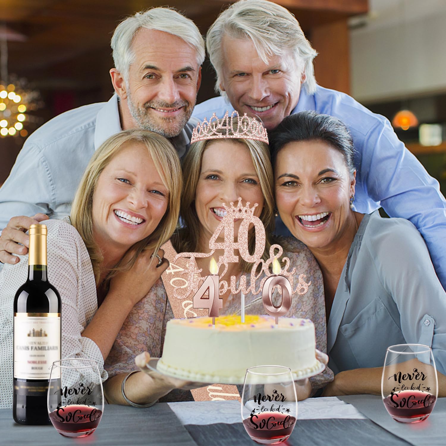 Juesly 40th Birthday Gifts for Women with 15oz Wine Glass, Birthday Crown, Sash, Cake Topper and Candles, 40 Year Old Decorations Gifts Idea