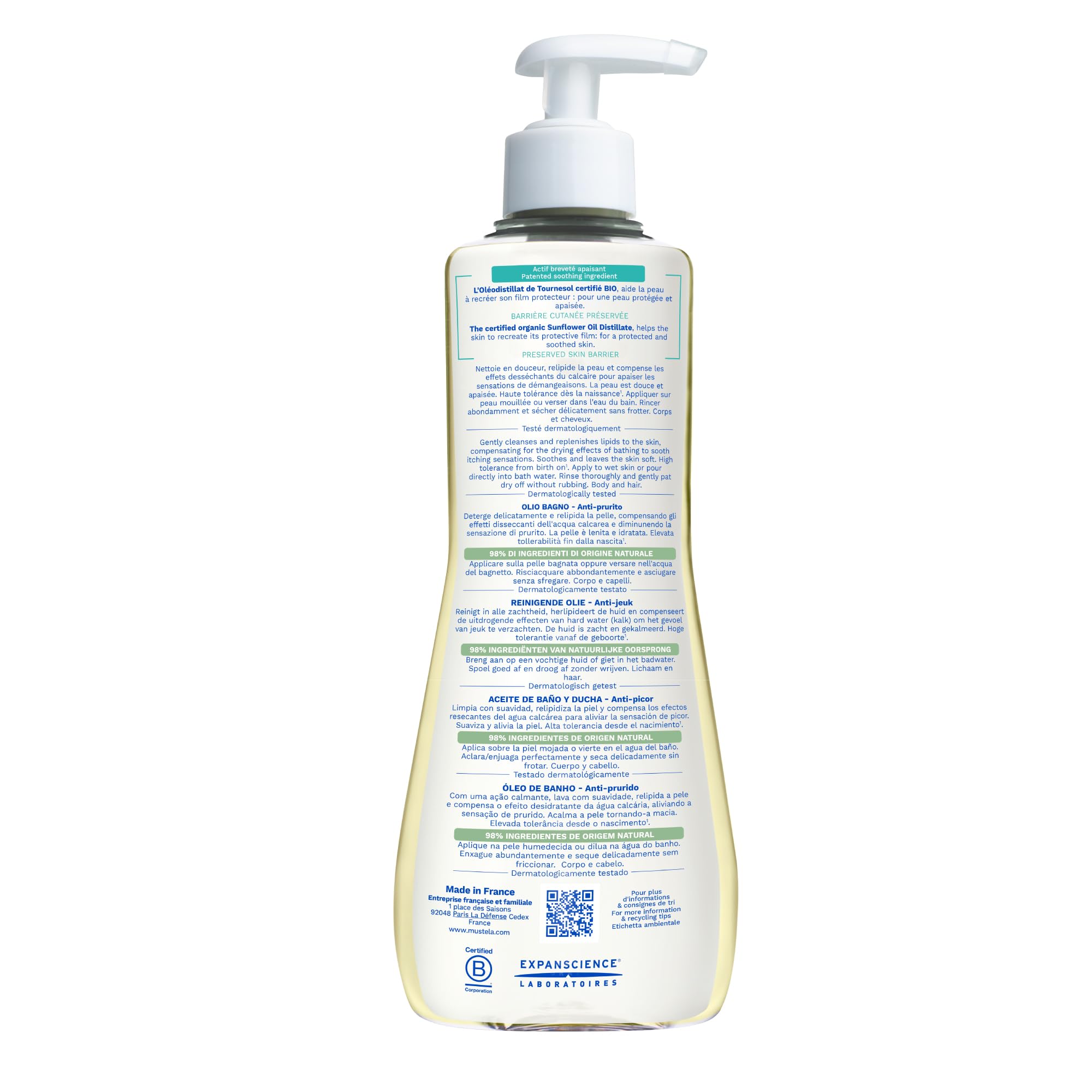 Mustela Stelatopia Olio Bagno per Pelle con Estrema Secchezza o Dermatite Atopica, Corpo e Capelli, Neonati, Bambini, Tutta la Famiglia - Detersione Quotidiana, Reintegra i Lipidi della Pelle (500ml)