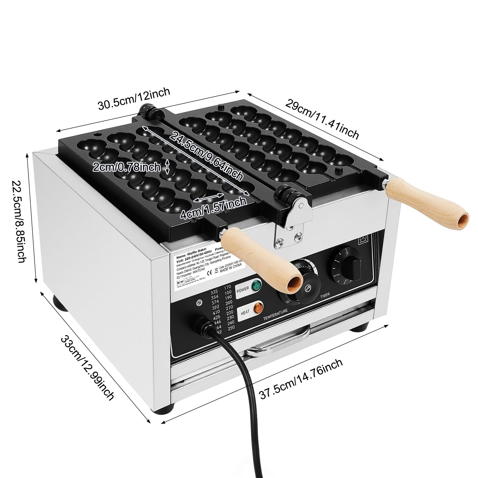 Gofrera de burbujas comercial, de 1500 W, de acero inoxidable, con placa antiadherente, temporizador 0 – 5 minutos, 50 – 300 °C, apta para hacer gofres de burbujas