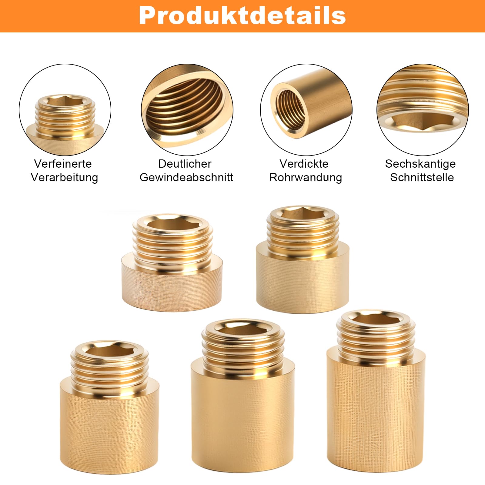 5 Piezas de Extensión para Grifo de 1/2 Pulgada, Extensión para Grifo de Latón, Extensións De 1/2 Pulgada X10 mm/15 mm/20 mm/25 mm/30 mm, para Grifos, Agua Potable, con Cinta de Materia Prima