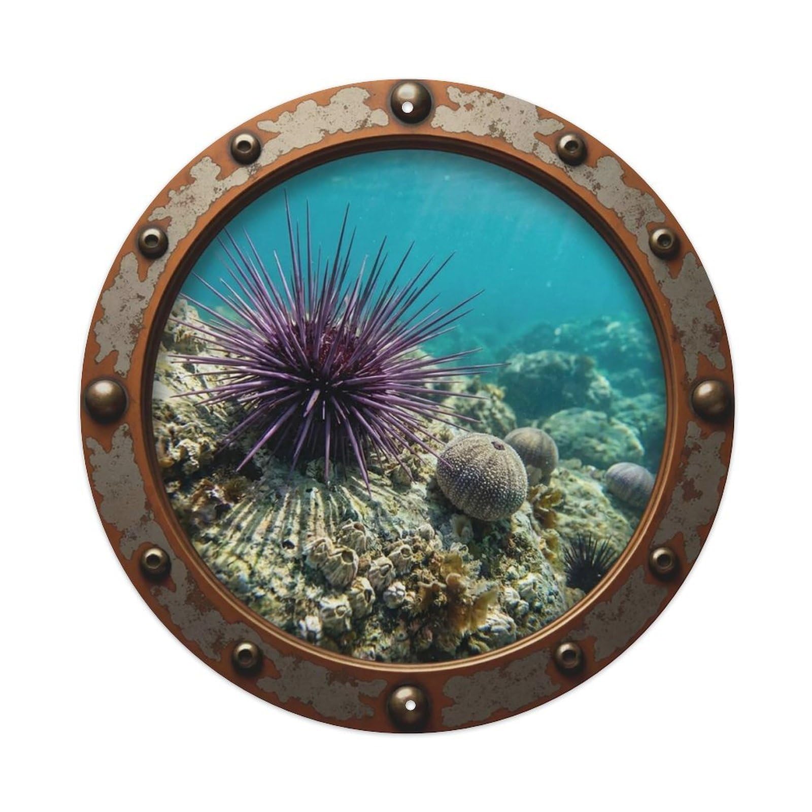 Gead 8X8inch Style Vintage Porthole Purple Sea Urchin Nautical Window View Metal Tin Sign