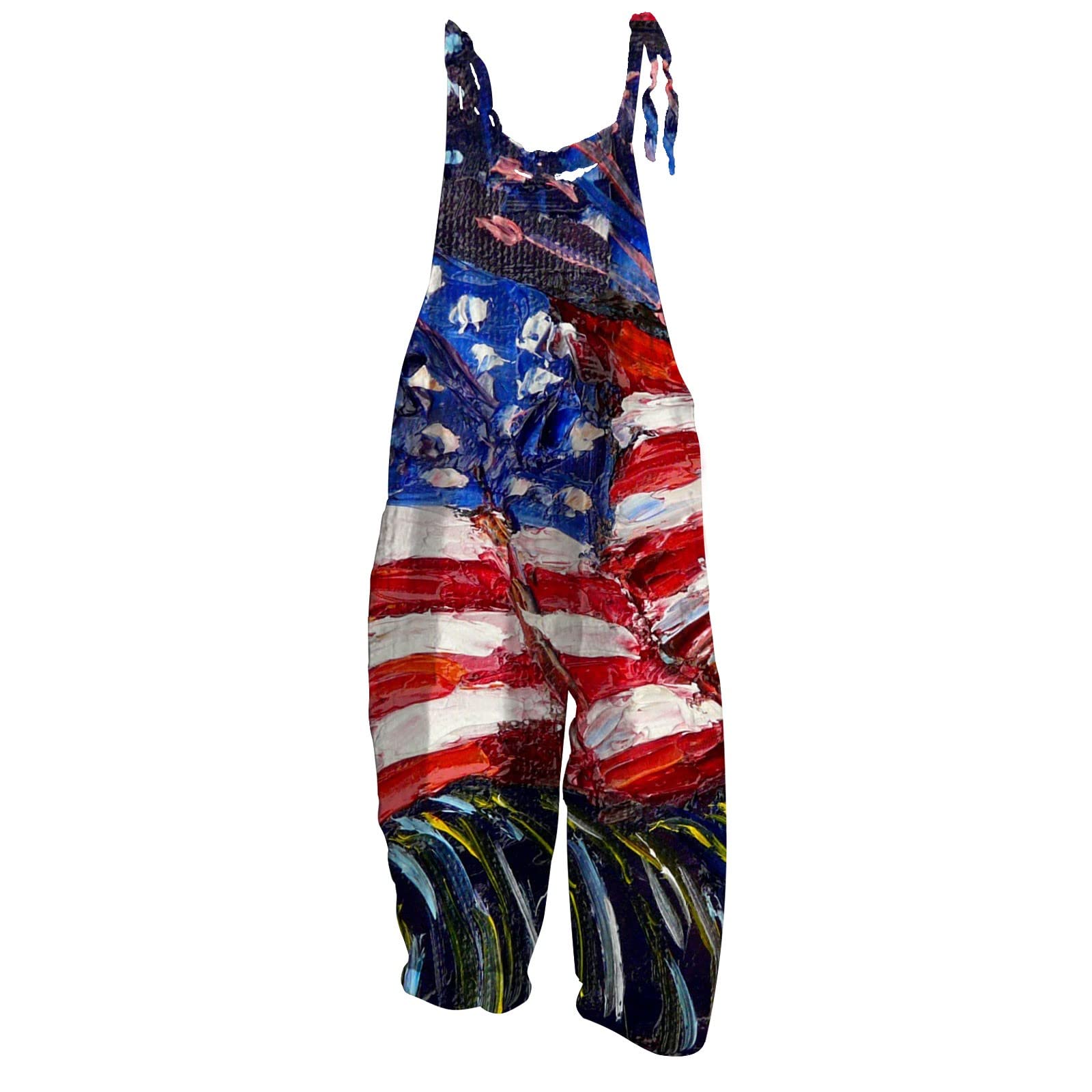 Summer Jumpsuit for Womens 2023 Sleeveless Cotton Linen Overalls Independence Day Printed Casual Loose Rompers