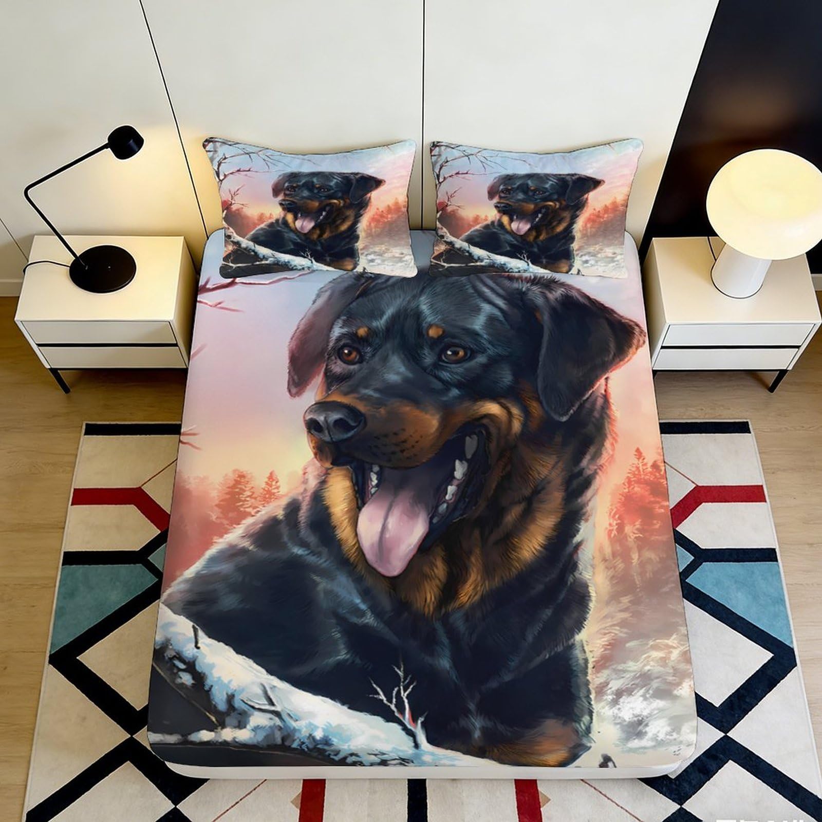 3D Printed Rottweiler Dog Fitted Sheet Microfiber Soft Breathable Sunset Forest Mattress Cover for Bedroom Decor 90x200x25cm