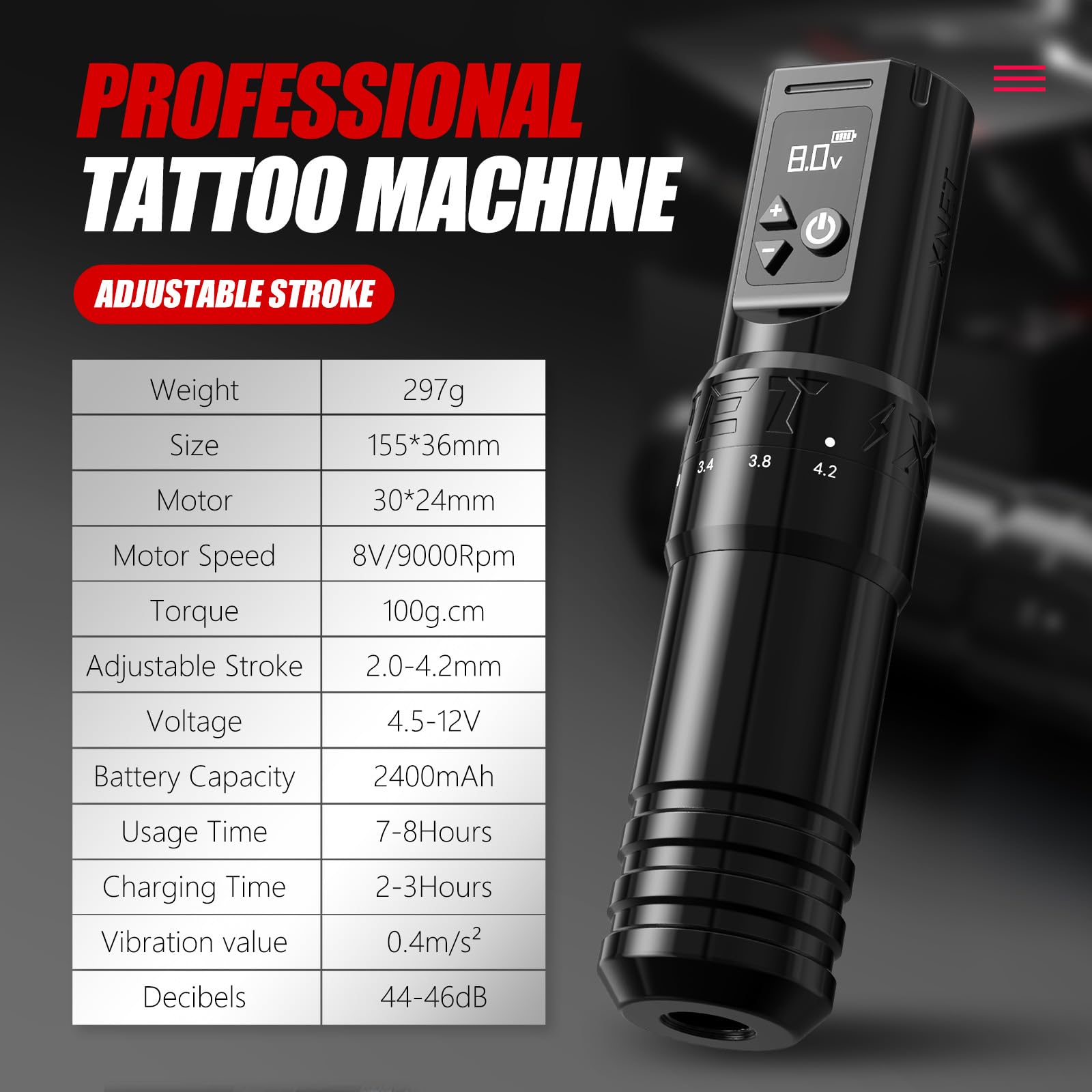 Xnet Kit completo pistola tatuaje bolígrafo giratorio inalámbrico 7 tiempos ajustables batería 2400 mAh agujas cartucho rayos X suministros principiantes
