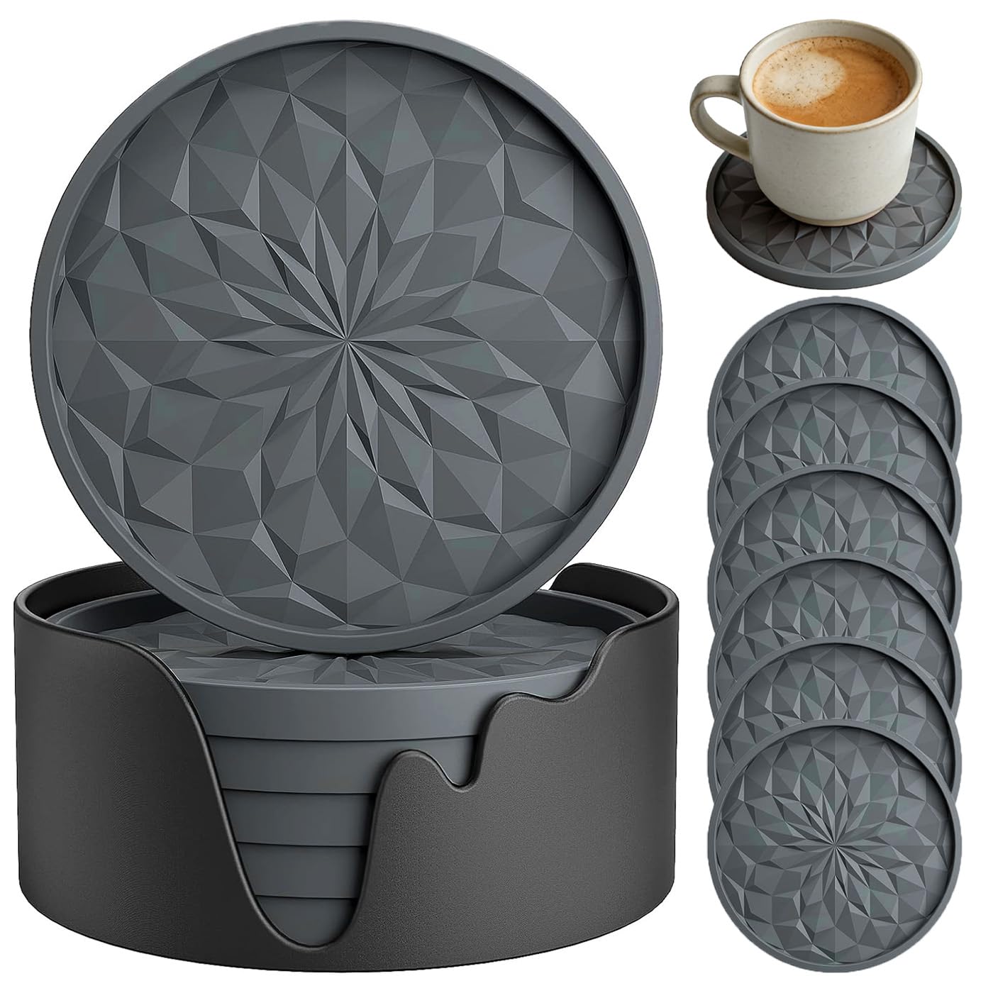Filltown Silicone Coasters Set of 6, Cup Coasters with Holder, Silicone Thick Round Drink Coasters for Hot or Cold Drinks, Non-Slip, Gray
