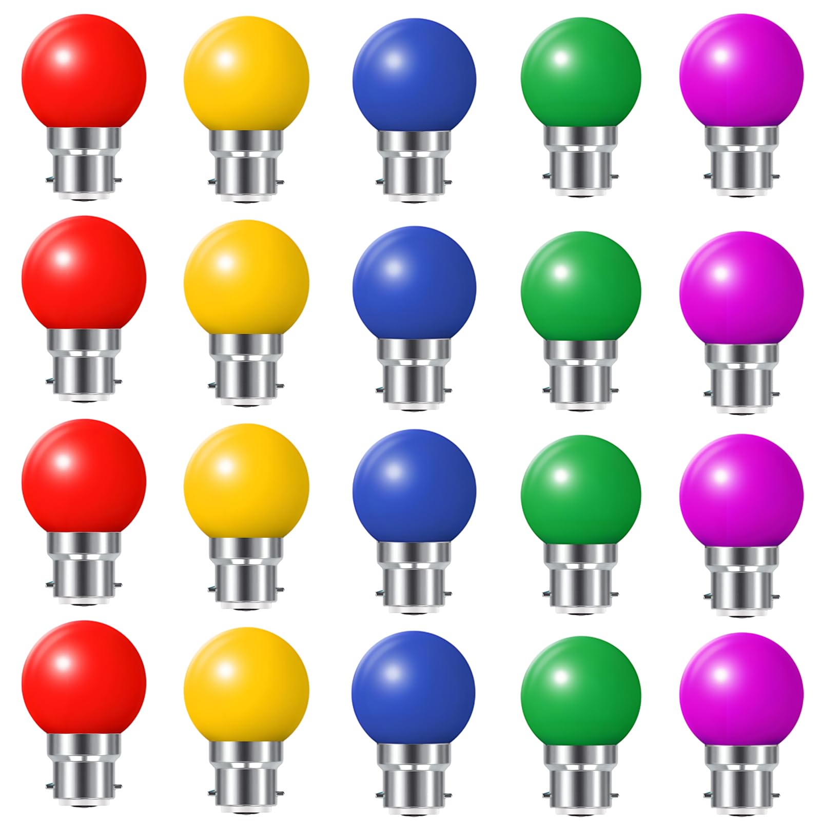 HUAMu 20 Pack B22 Bayonet Cap LED Coloured Light Bulbs, 2W G45 Mini Globe Golfball Bulbs for Outdoor Patio Garden Party Christmas, Mixed Colored Red Yellow Blue Green Purple — image 1