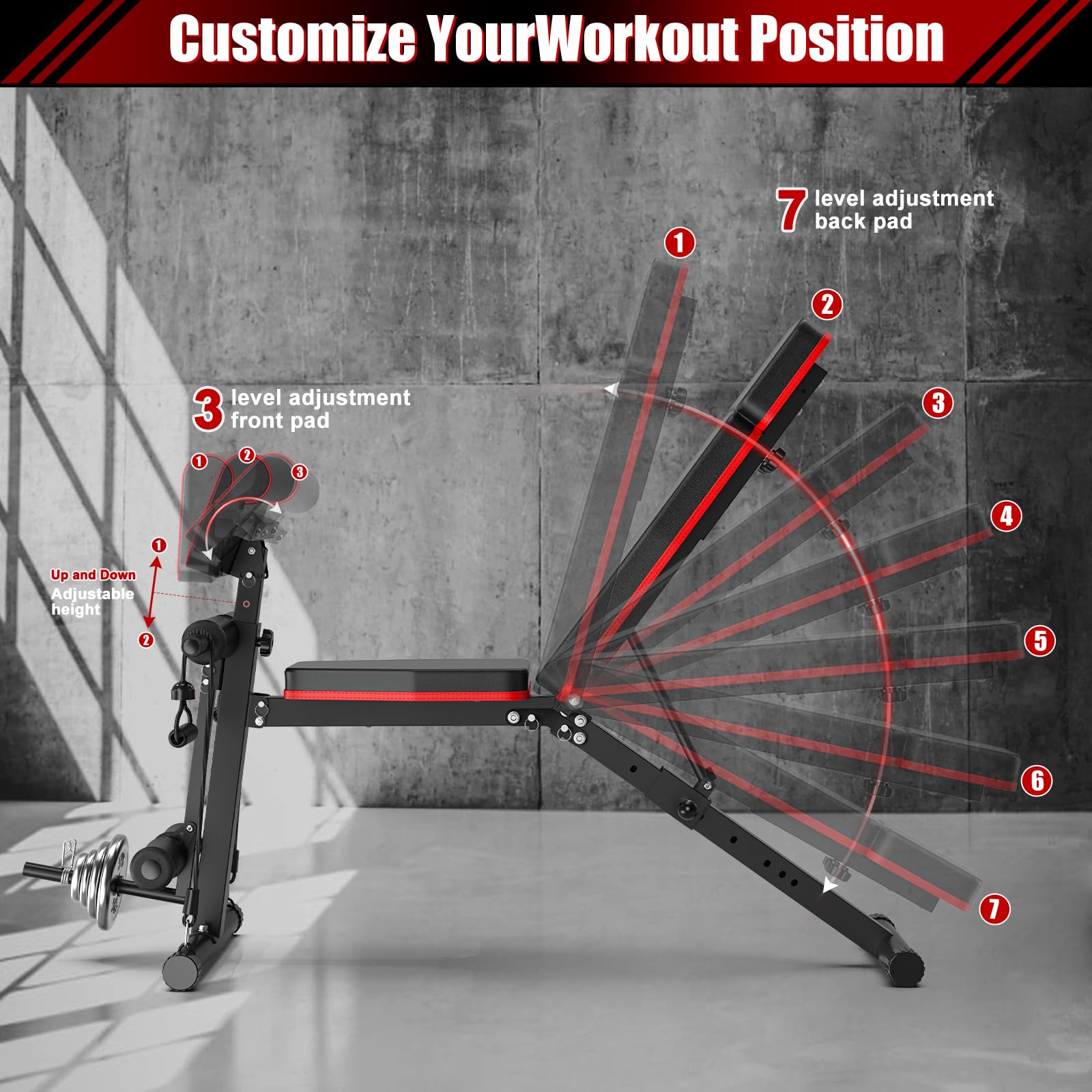Adjustable Weight Bench, Workout Bench with Leg Extension and Preacher Curl Pad, Weight Bench for Home Gym, Foldable Exercise Bench, Quick Adjustment Incline Bench Press