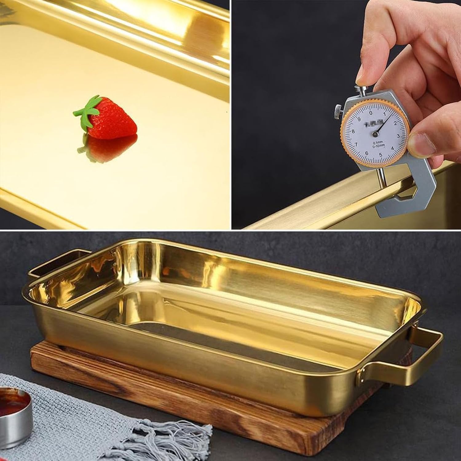 304 Stainless Steel Paella Pan,Glold | 38CM | Rectangular Deep Skillet , Gold Non-stick Roasting Pot for Seafood Fish, Ideal for Home Restaurant & Camping