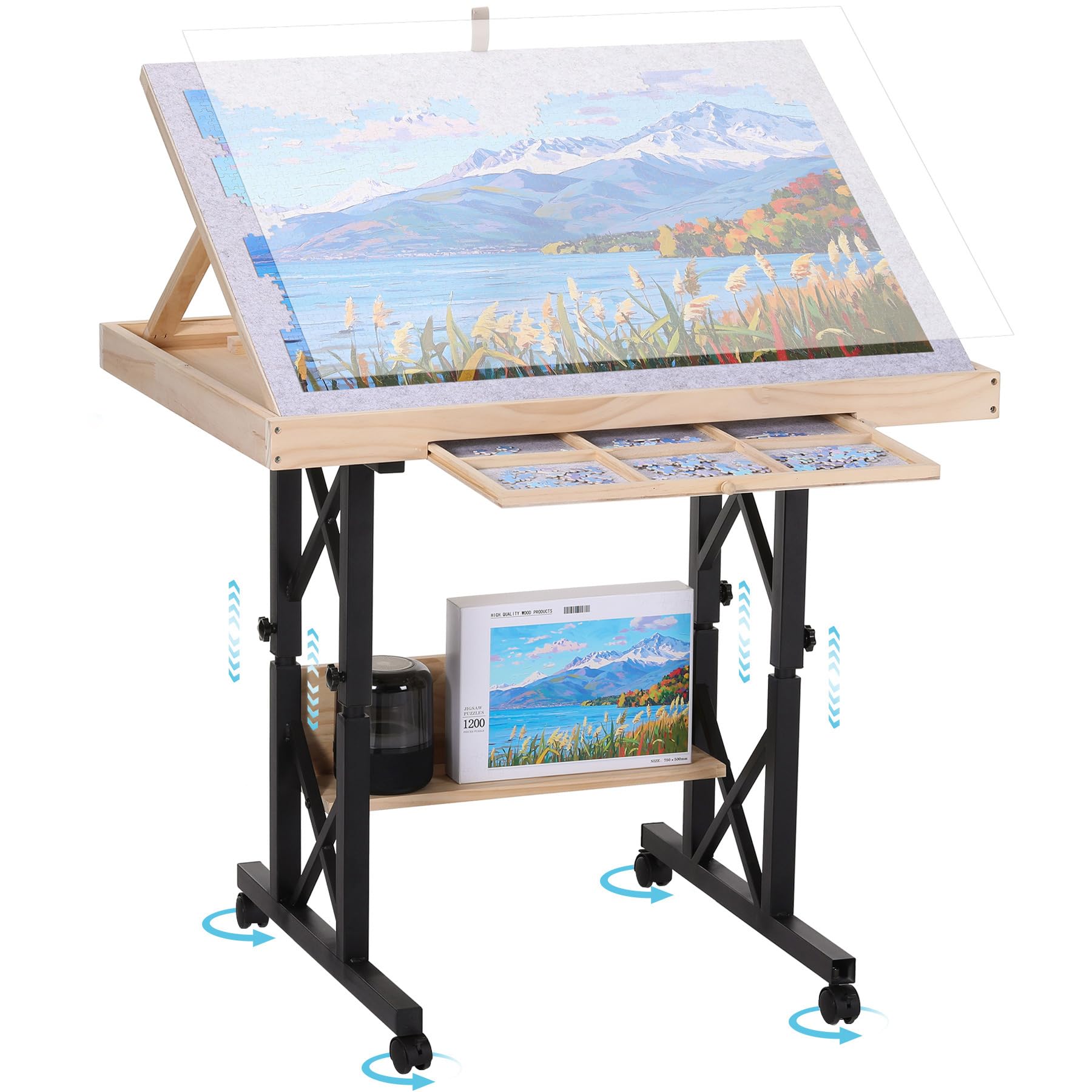 FUNTOK Portable Jigsaw Puzzle Table with 4 Wheels, 1500 Pieces Tilting Puzzle Board with Angle & Height Adjustment for Adults, 12 Sorting Drawers & Cover, Storage Rack, Birthday