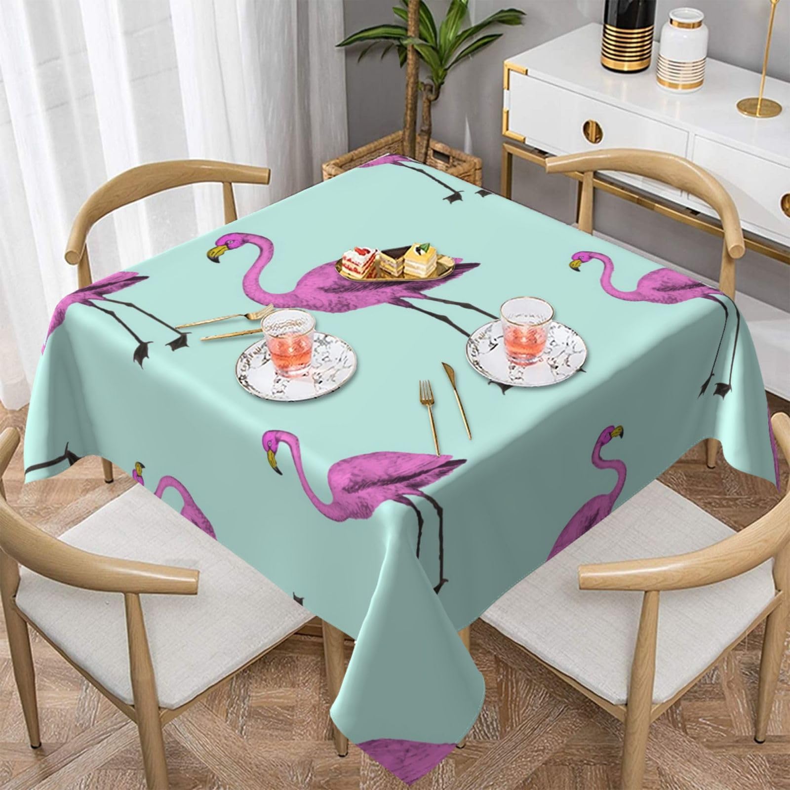 DCEHGEW Tropical Flamingo Prints Square Tablecloth 152x152 CM, Waterproof Fabric Table Cloth for Dining Table, Farmhouse Table Cover for Kitchen Dining Tabletop Decoration