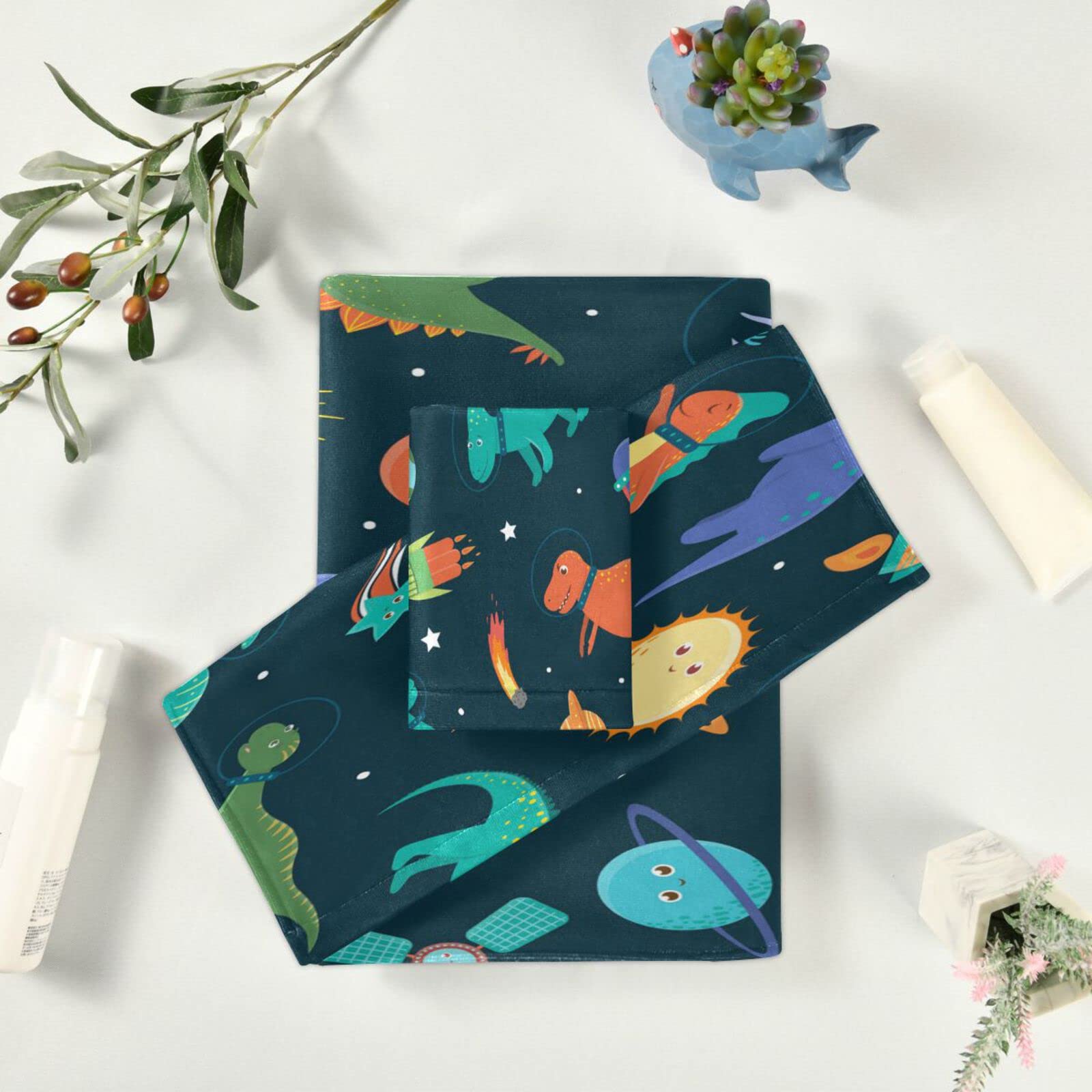 Dibujos Animados Dinosaurio Planeta Espacio Juego de Toallas Para Baño Playa 100% Algodón de Piscina Toalla (1 Toalla de Baño y 1 Toalla de Mano y 1 Paño de Lavado)Para Nadar Hotel Niñas Niños Niños