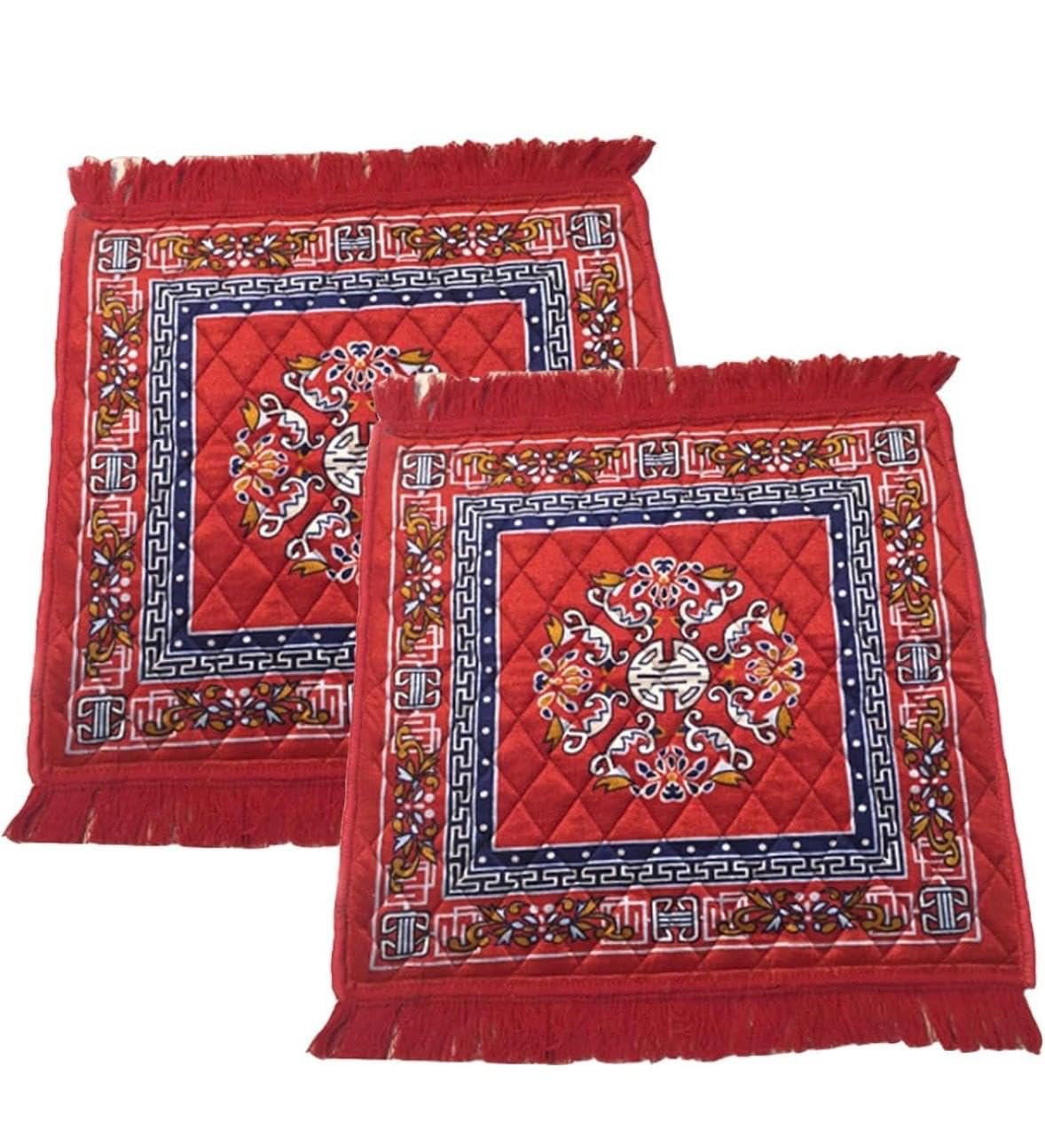 Pooja Aasan Mat for Home Set of 2, 45 x 45 cm | Fringed Edges, Floral Print-image-9