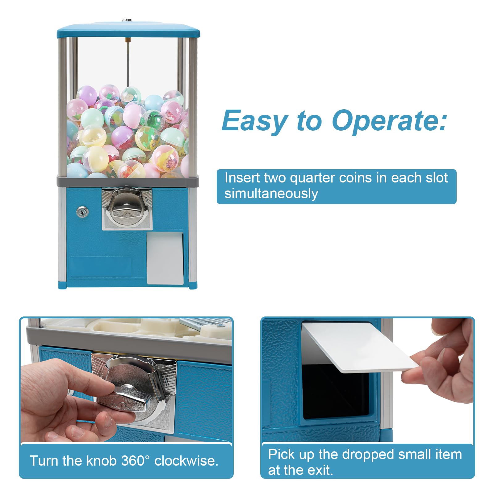 25 Cents Coin Operated Vending Machine, Gumball Machine for Kids, Toy Capsule Vending Machine, Candy Machine Dispenser, Hold 200 Capsule, Coin Operated Gumball Bank, Blue