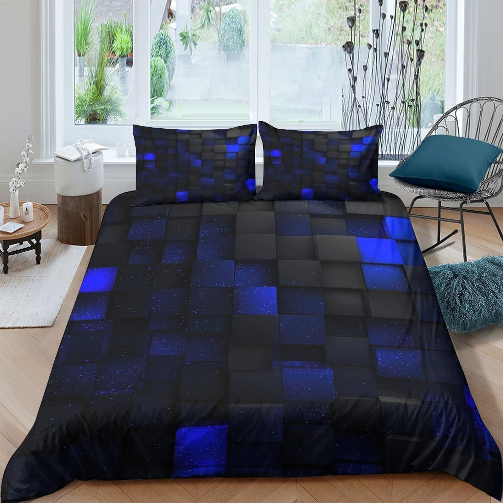 GPLZQXKJNH 3D Printed Blue Geometric Duvet Cover Microfiber Soft Breathable Mosaic Bedding Set with 2 Pillowcases for Bedroom Decor Single（135x200cm）