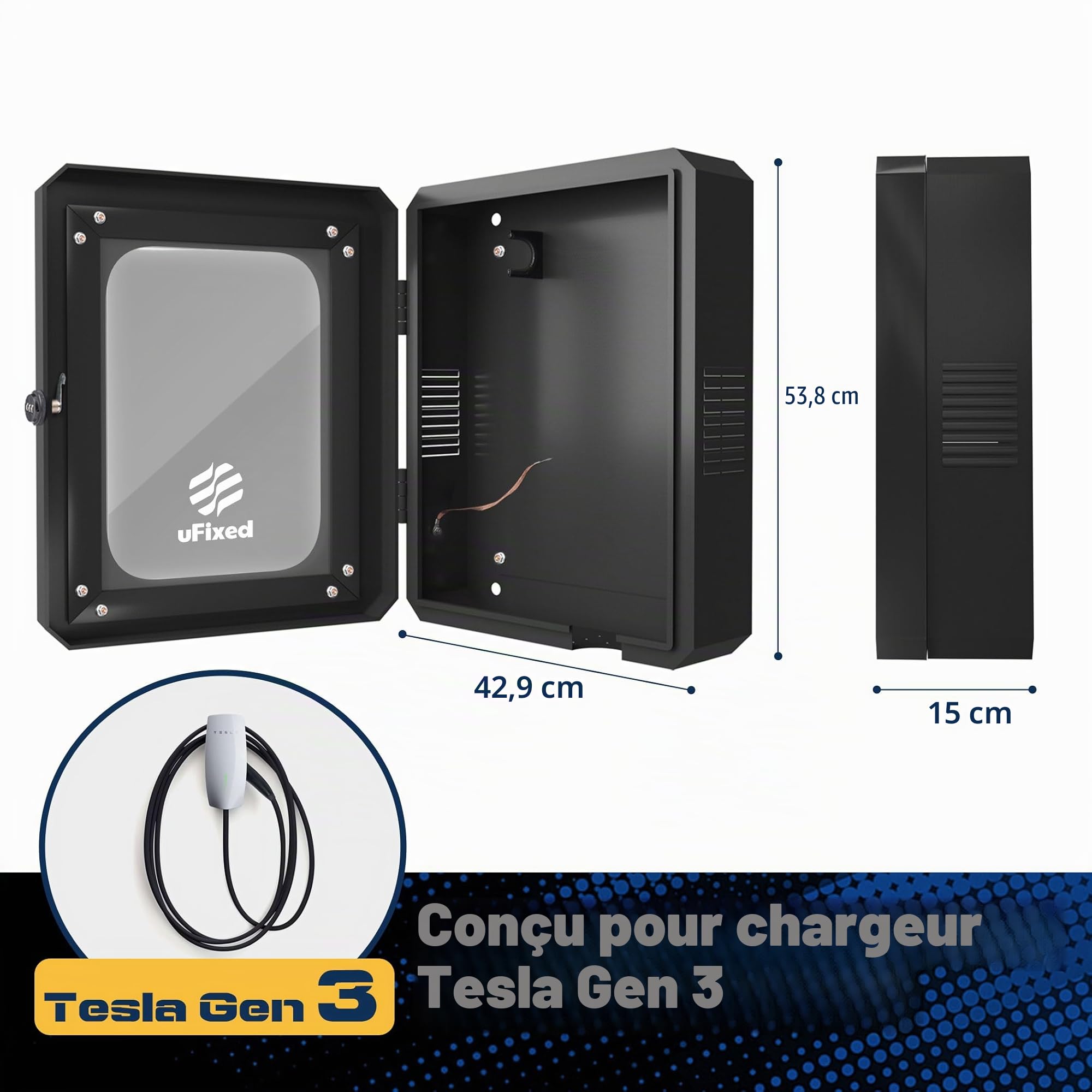 Boîtier Super Charge Tesla Armoire Wallbox Borne de Recharge Tesla Protection Contre les Intempéries, Anticorrosion, Visible, Durable, Noir
