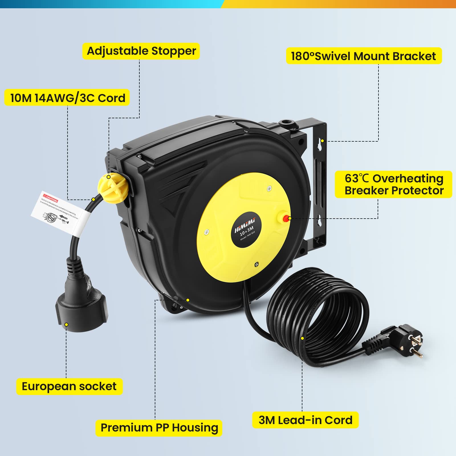 Himimi Avvolgicavo elettrico automatico professionale, 10 m+3 m| prolunga retrattile| 1250 W ~ 2000 W| Rotazione di 180°| per interni ed esterni