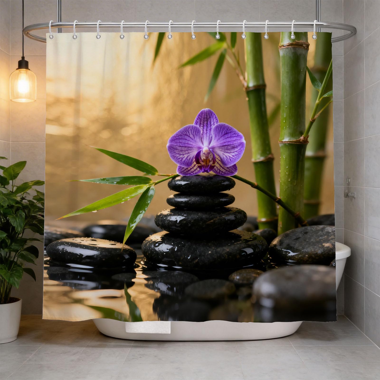 Hongduo 3D Zen Stone Shower Curtain for Stalls Bathtubs Spa Stone Bathroom Decor Shower Curtain Set Polyester Fabric Waterproof 120x180cm/48X71 Inch with Hooks