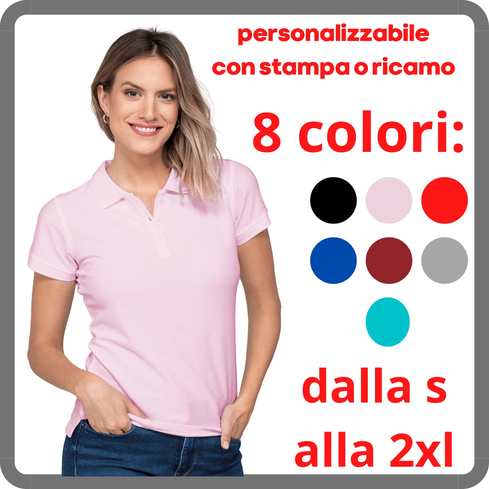 Generico Polo Donna Manica Corta in Cotone Maglia da Lavoro Donna con Logo e Testo Personalizzato Personalizzabile t-Shirt Maglietta Personalizzata con Stampa o Ricamo Ricamata Bianca Nera Blu Grigia